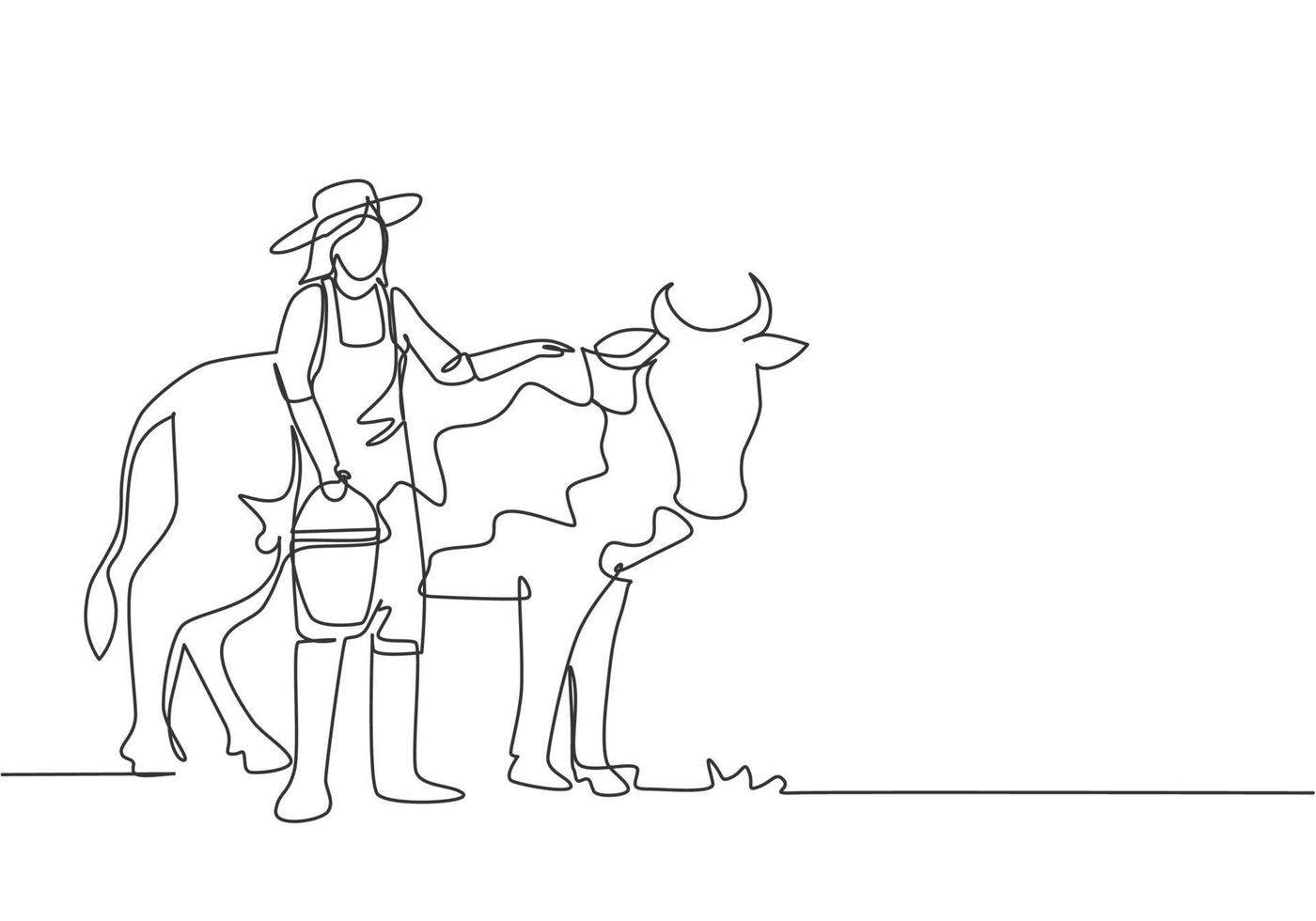 dibujo de una sola línea de una joven agricultora frotando la vaca mientras lleva un balde de agua. concepto mínimo de desafío agrícola. Ilustración de vector gráfico de diseño de dibujo de línea continua moderna.