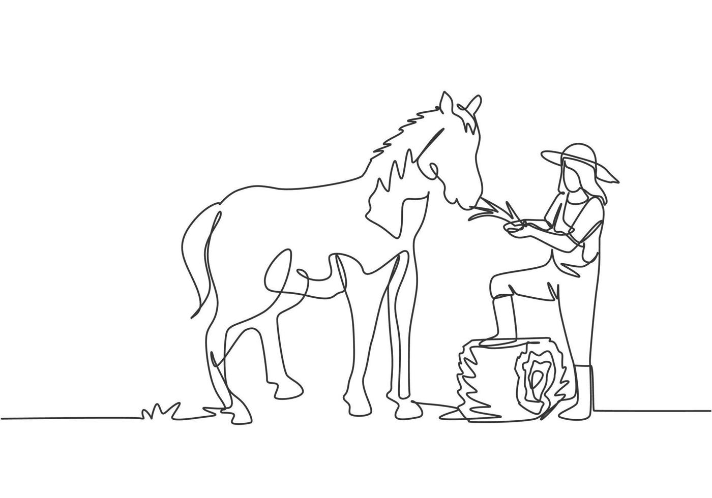 Single continuous line drawing female farmer stomped one of its feet into the curled hay as it was about to feed the horse. Farming minimalism concept. One line draw graphic design vector illustration