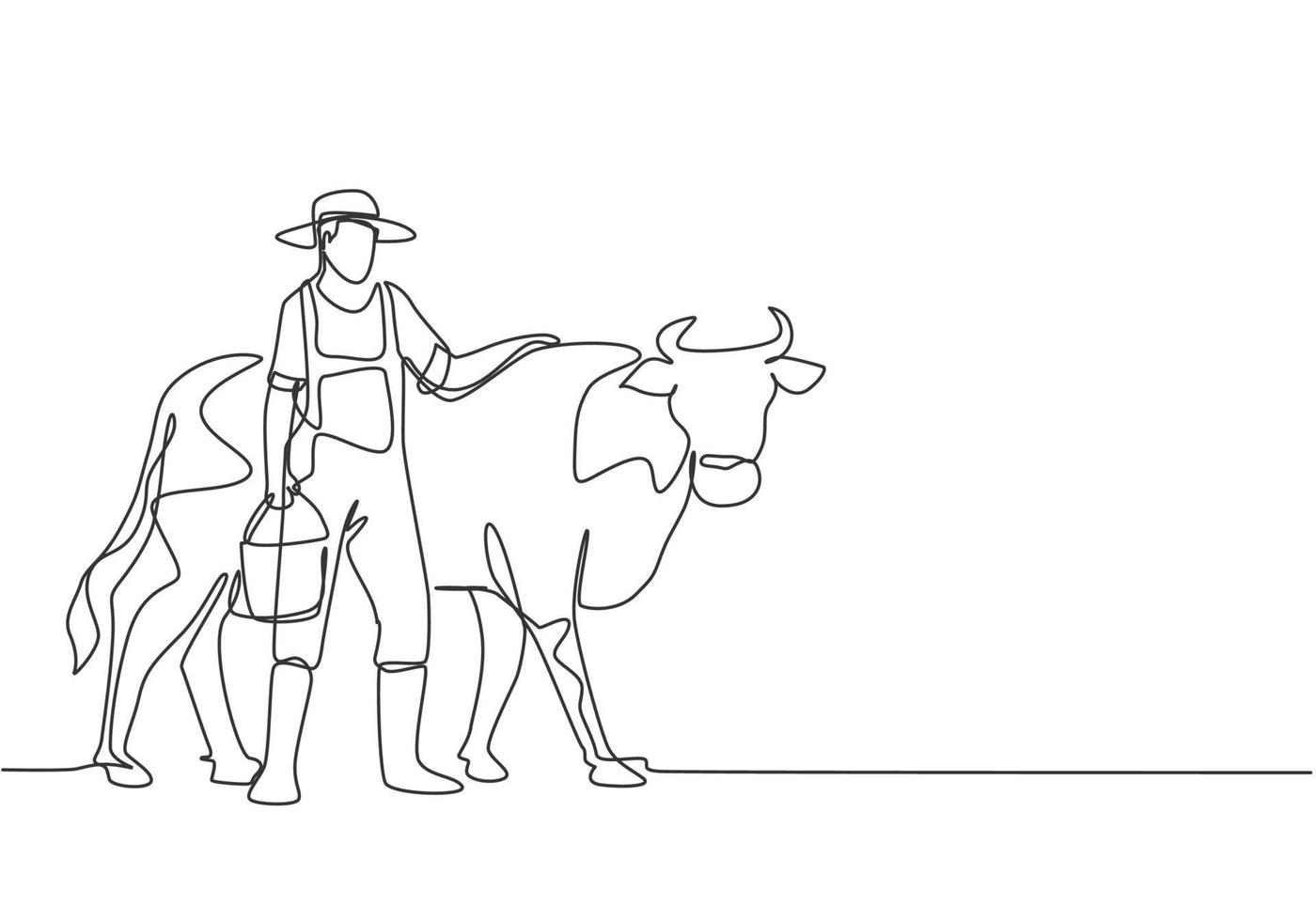 dibujo continuo de una línea joven agricultor frotando la vaca mientras carga un balde de agua. concepto minimalista de actividades agrícolas exitosas. Ilustración gráfica de vector de diseño de dibujo de una sola línea.