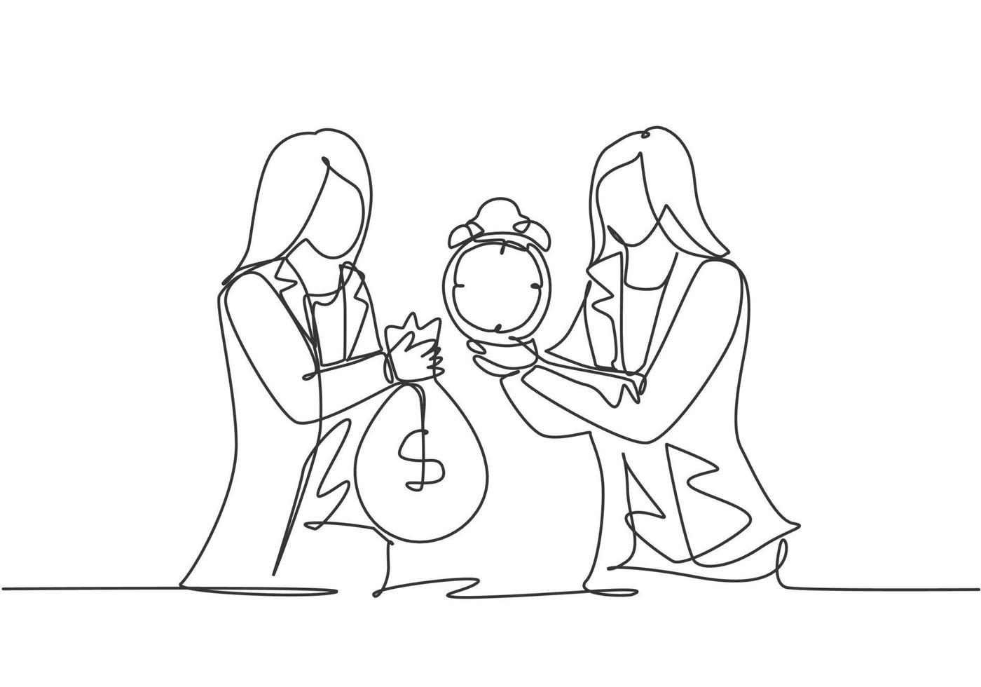 Single continuous line drawing two young business woman exchange money bag and analog alarm clock. Professional manager. Minimalism metaphor concept. One line draw graphic design vector illustration.