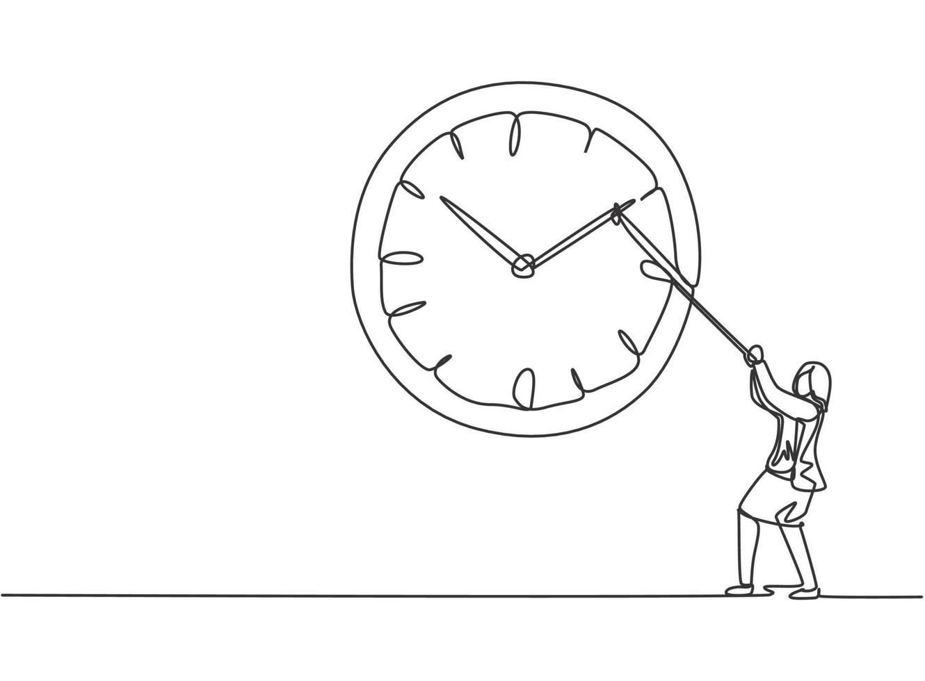 Single one line drawing of young business woman pulling clockwise of big analog wall clock with rope. Time management minimalist concept. Continuous line draw design graphic vector illustration.