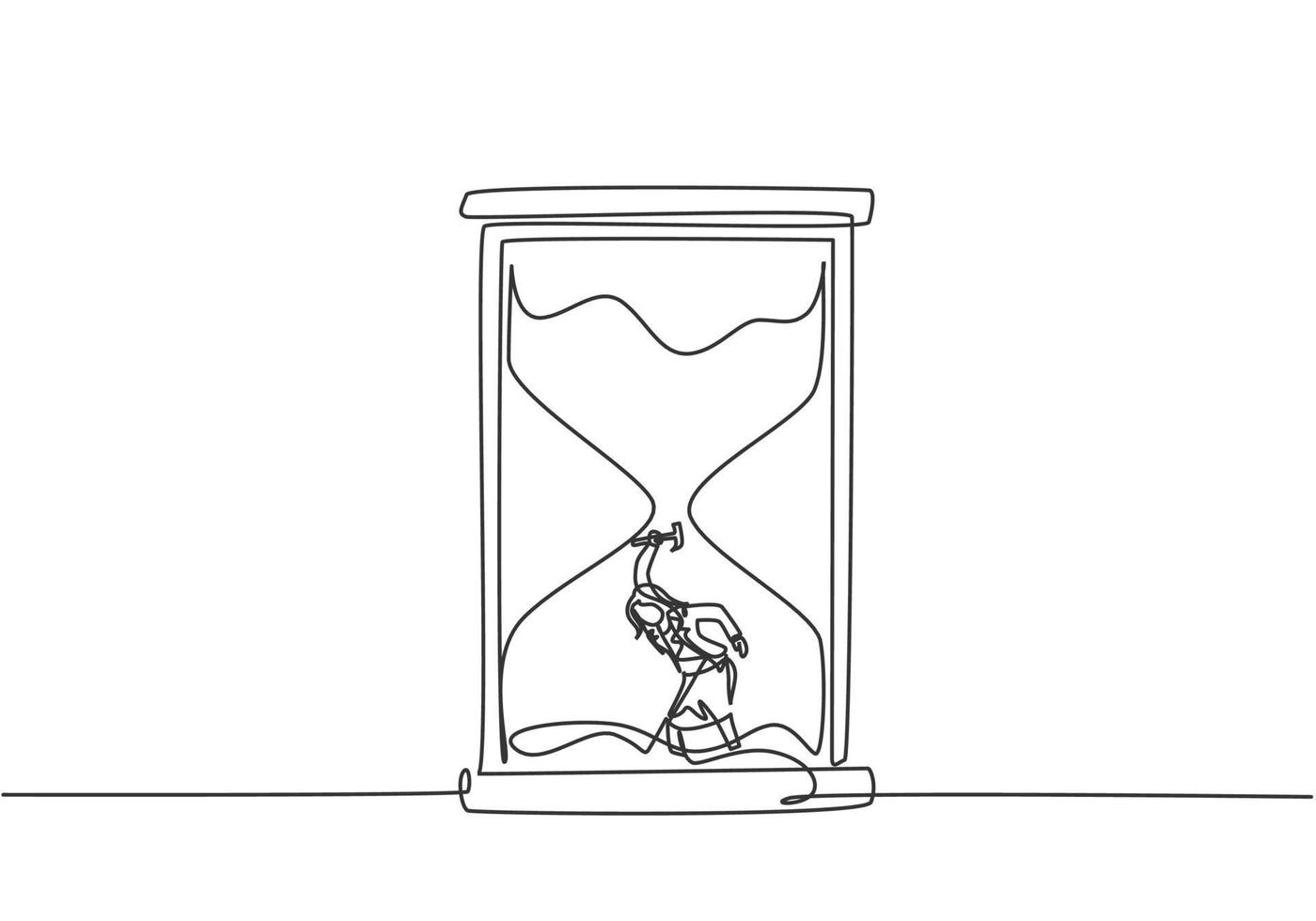 Continuous one line drawing young woman worker digging treasure inside hourglass. Getting a new business idea minimalist concept. Single line draw design vector graphic illustration.