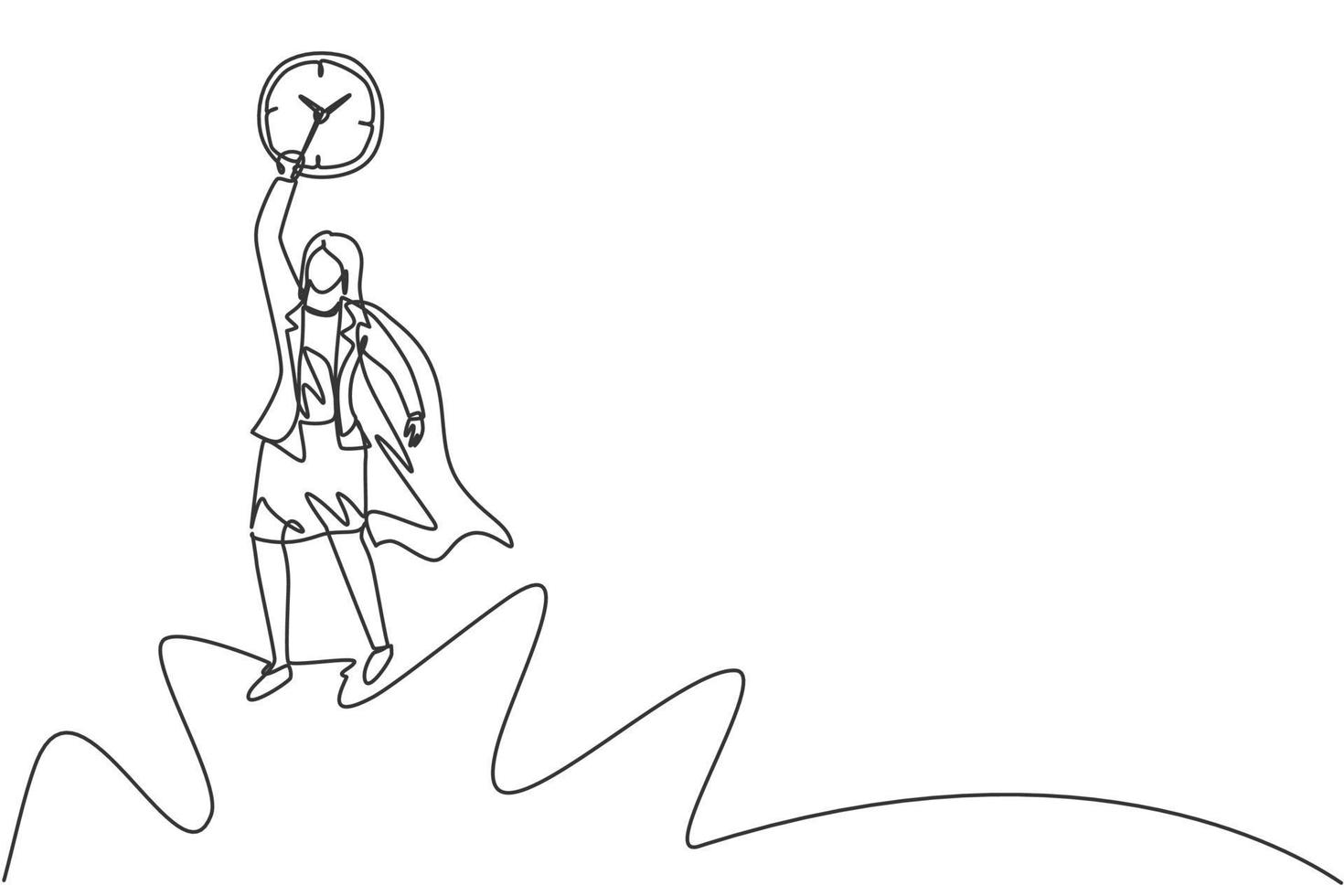 Continuous one line drawing young woman worker with wing flying to the sky to reach analog clock. Minimalism metaphor business deadline concept. Single line draw design vector graphic illustration.