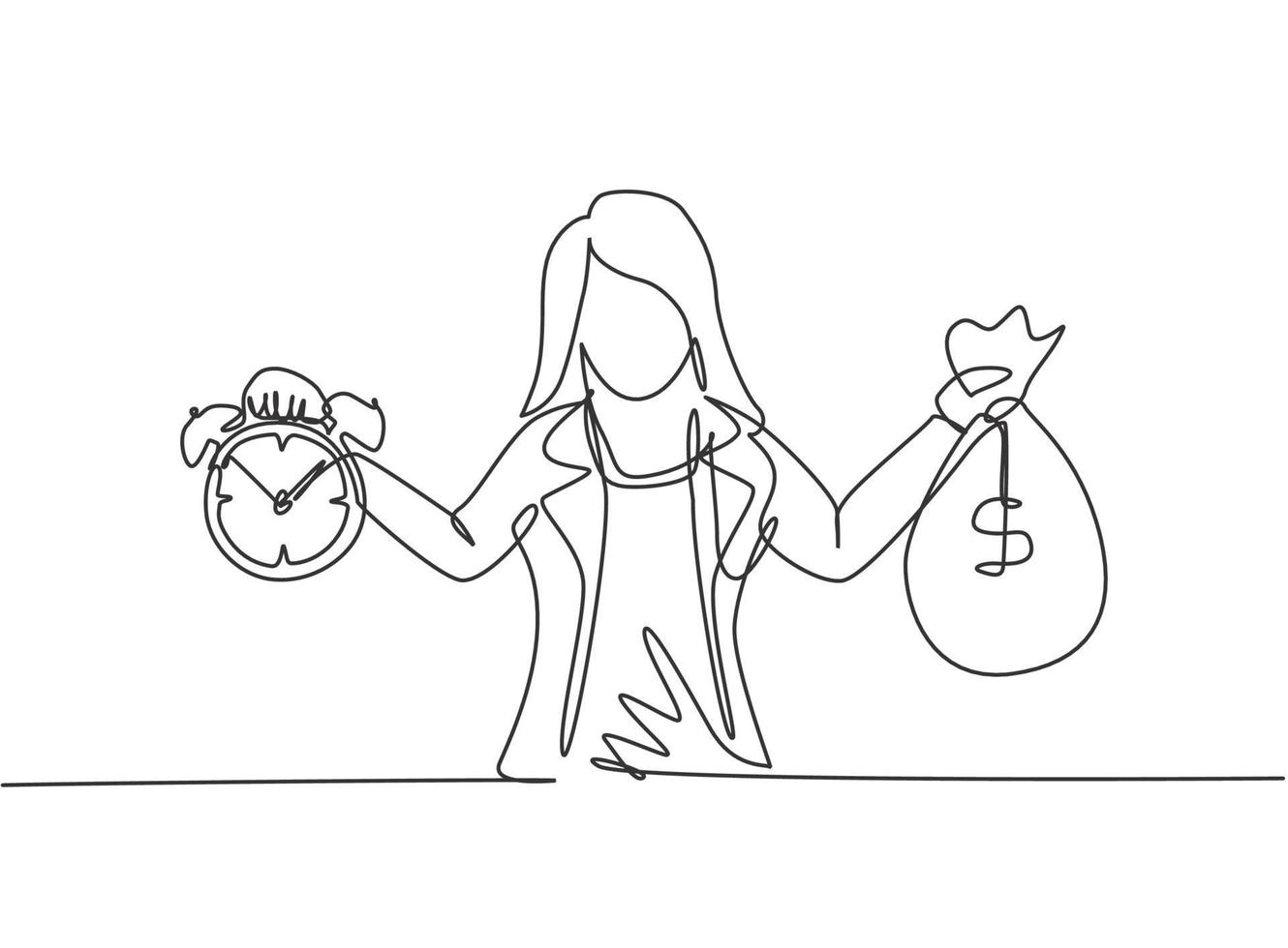 Single one line drawing of young business woman holding money bag and alarm clock with her hands. Minimalism metaphor business deadline concept. Continuous line draw design graphic vector illustration