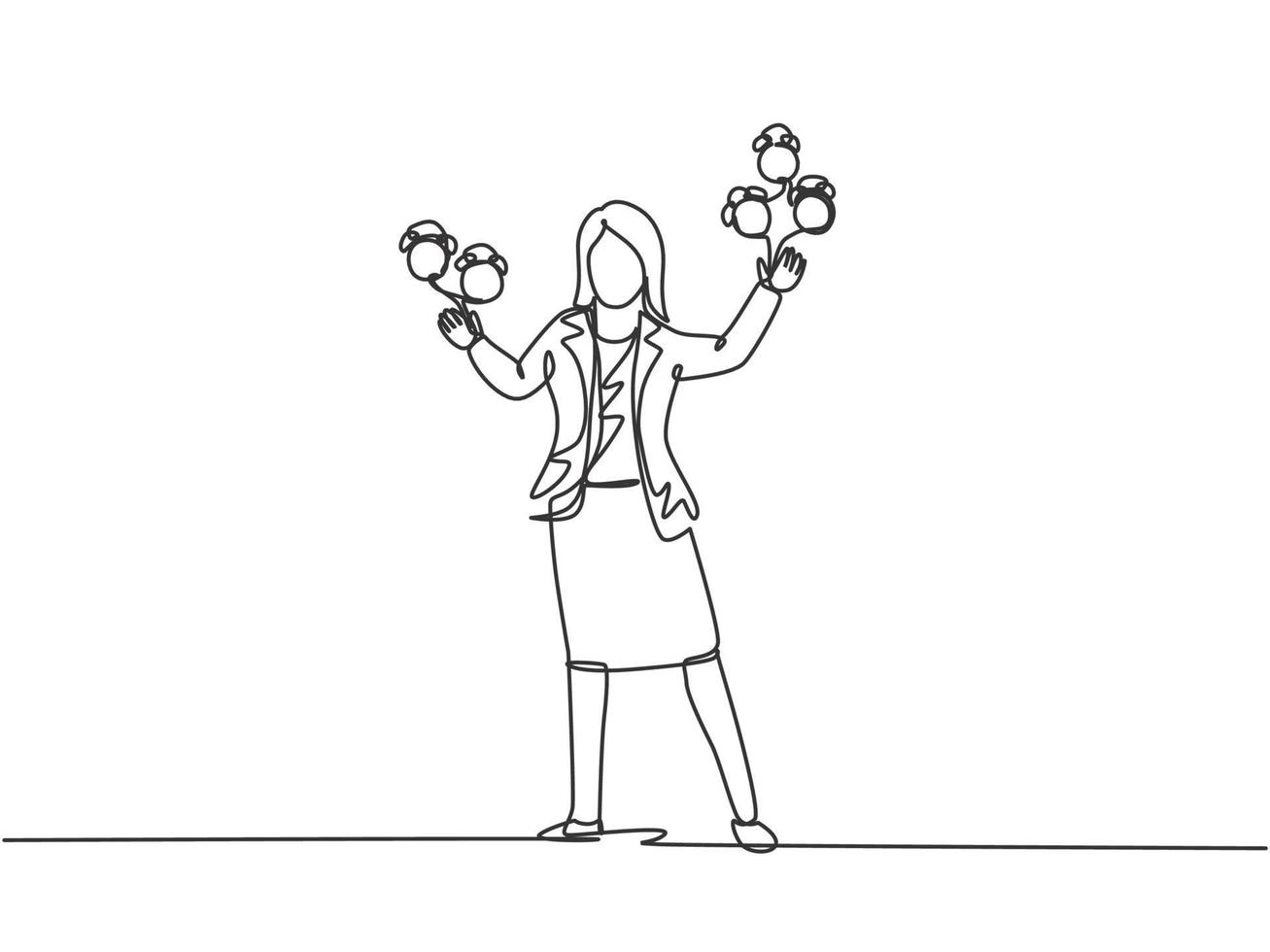 Continuous one line drawing young woman worker juggling alarm analog clock with his hand. Business time management discipline metaphor concept. Single line draw design vector graphic illustration.