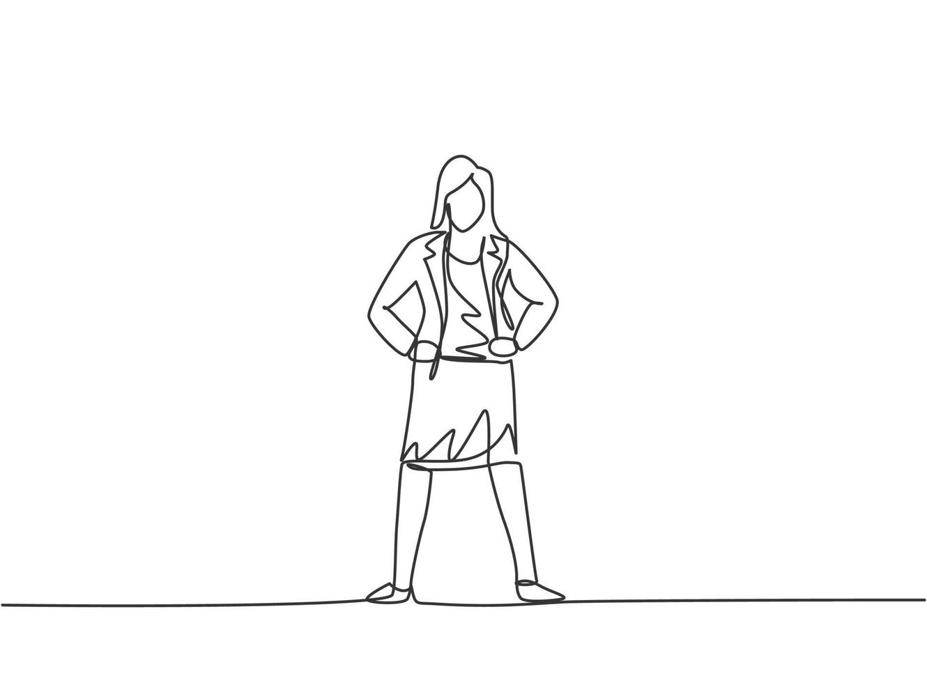 Continuous one line drawing young woman worker standing on the street thinking of her business. Minimalism metaphor business vision concept. Single line draw design vector graphic illustration.