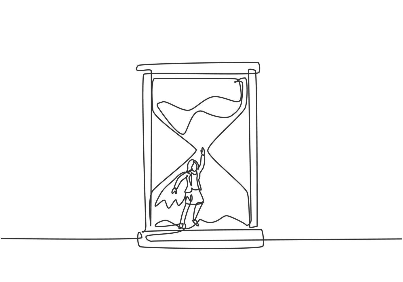 Single continuous line drawing young business woman with wing flying to get out from hourglass. Minimalism metaphor business deadline concept. Dynamic one line draw graphic design vector illustration.