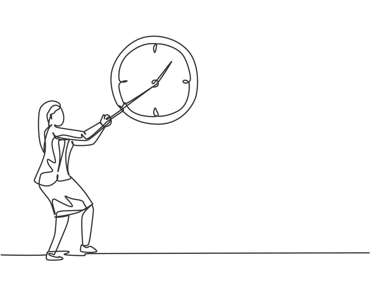 Continuous one line drawing young woman worker pulling clockwise of big analog wall clock with rope. Time management business minimalist concept. Single line draw design vector graphic illustration.