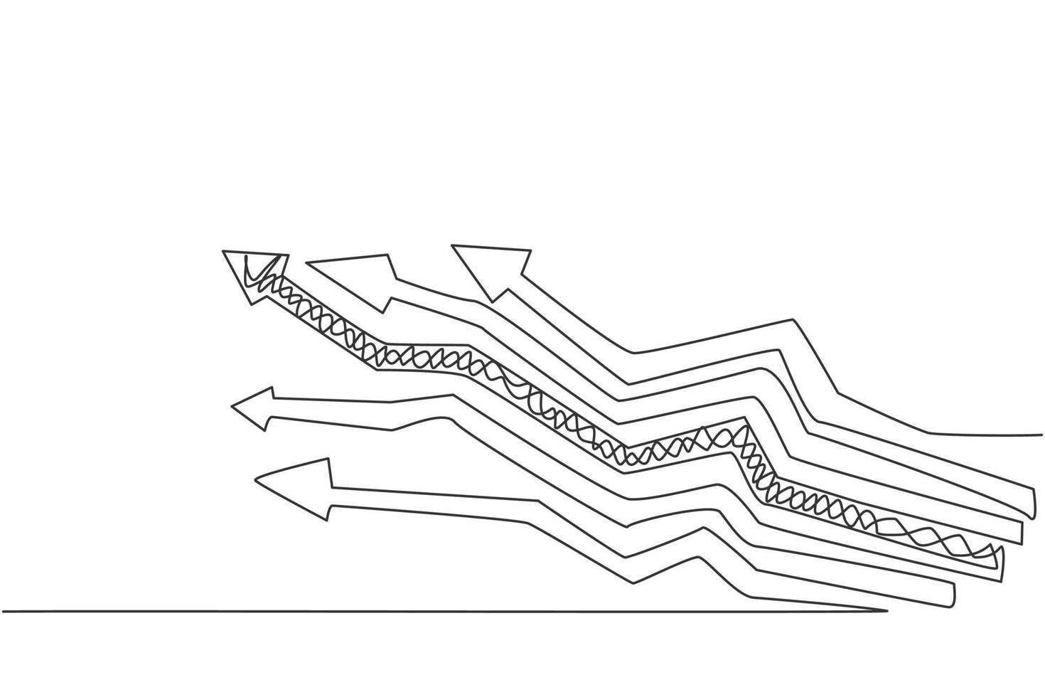 Continuous one line drawing of various way branch up arrow signs. Paths of business strategy to increase sales graph minimalist concept. Trendy single line draw design vector graphic illustration