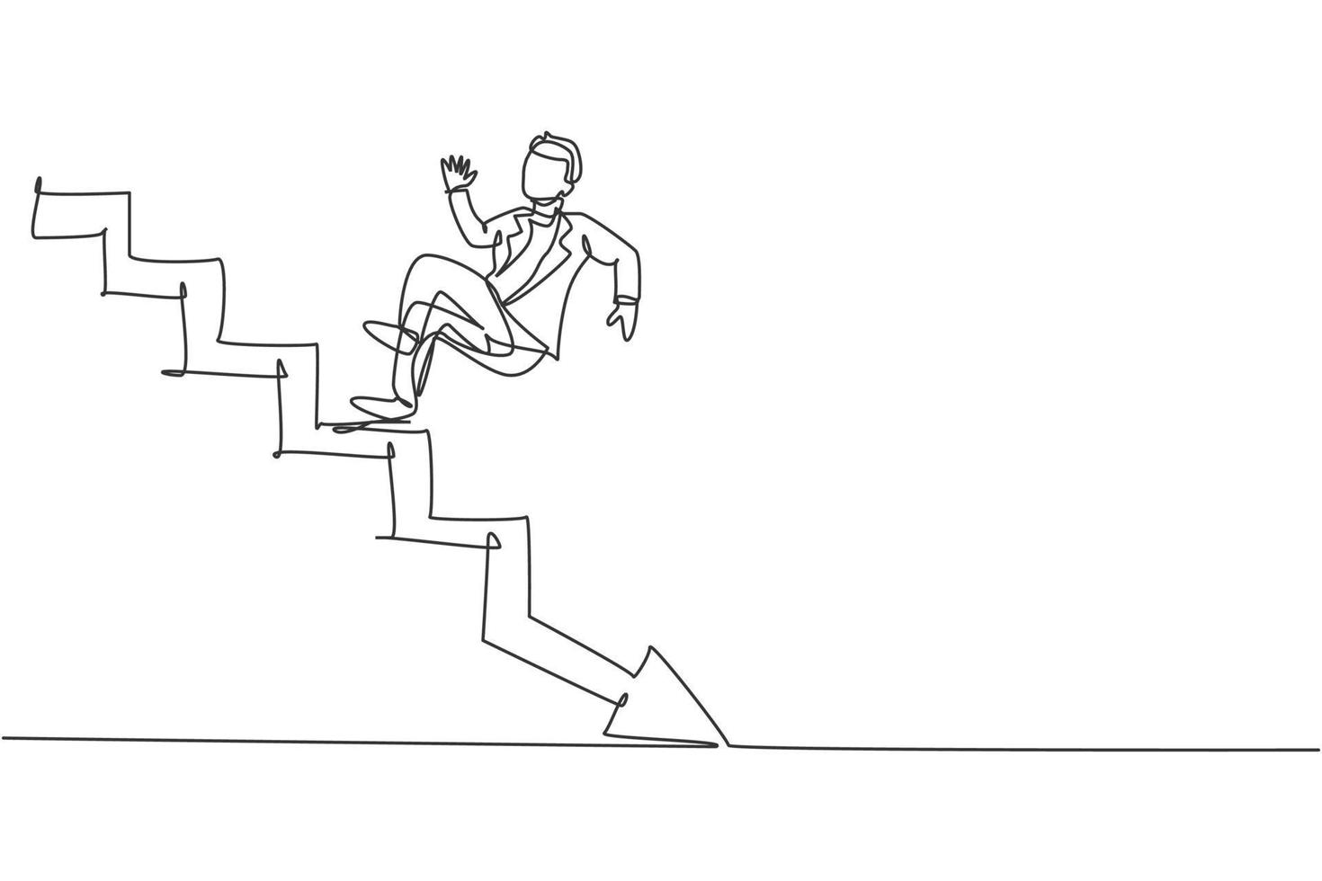 Single continuous line drawing of young business man slip down from up stairs to down floor. Broke professional businessman. Minimalism concept dynamic one line draw graphic design vector illustration