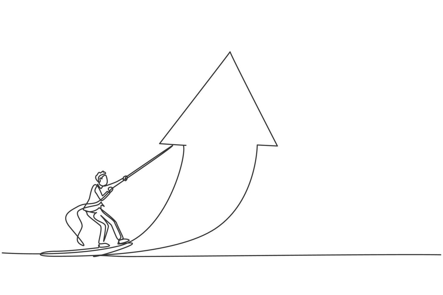 Single continuous line drawing of young business man lifting arrow up to increase business growth. Professional businessman. Minimalism concept dynamic one line draw graphic design vector illustration