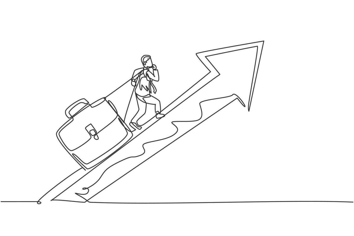 Single one line drawing of young male hard worker pulling briefcase up to the rising arrow. Business financial growth minimal concept. Modern continuous line draw design graphic vector illustration