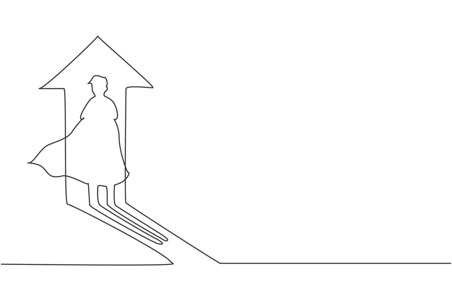 Single one line drawing of young smart business man shadow with up arrow light. Business financial market growth minimal concept. Modern continuous line draw design graphic vector illustration