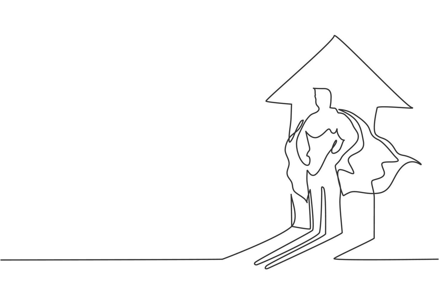 Single one line drawing young male superhero shadow on rising up arrow on the wall. Super hero character for kids idol minimal concept. Modern continuous line draw design graphic vector illustration