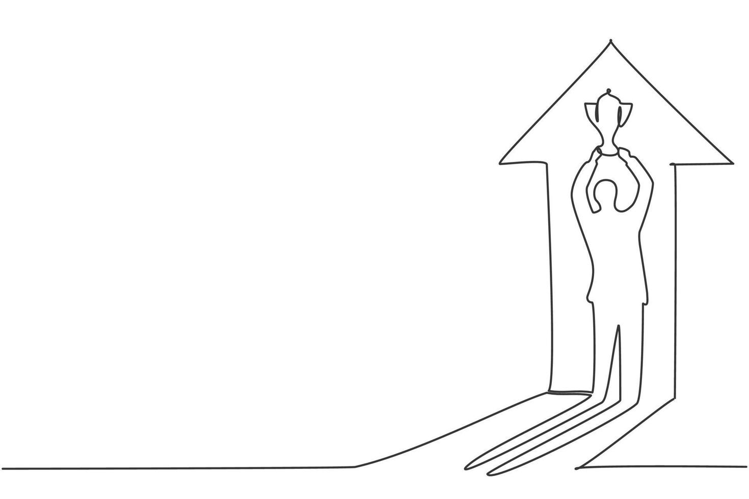 Continuous one line drawing of young male winner shadow on the wall holding the trophy up. Success champion athlete minimalist concept. Trendy single line draw design vector graphic illustration