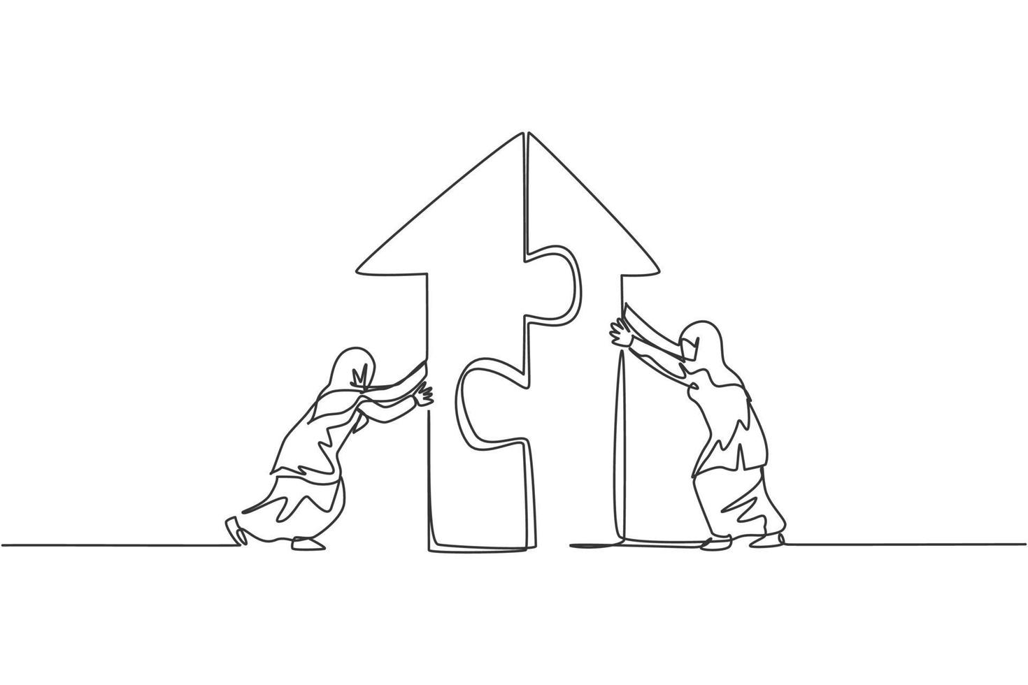 Continuous one line drawing two young Arabic female workers pushing puzzle to unite up arrow building. Success teamwork minimalist concept. Trendy single line draw design vector graphic illustration