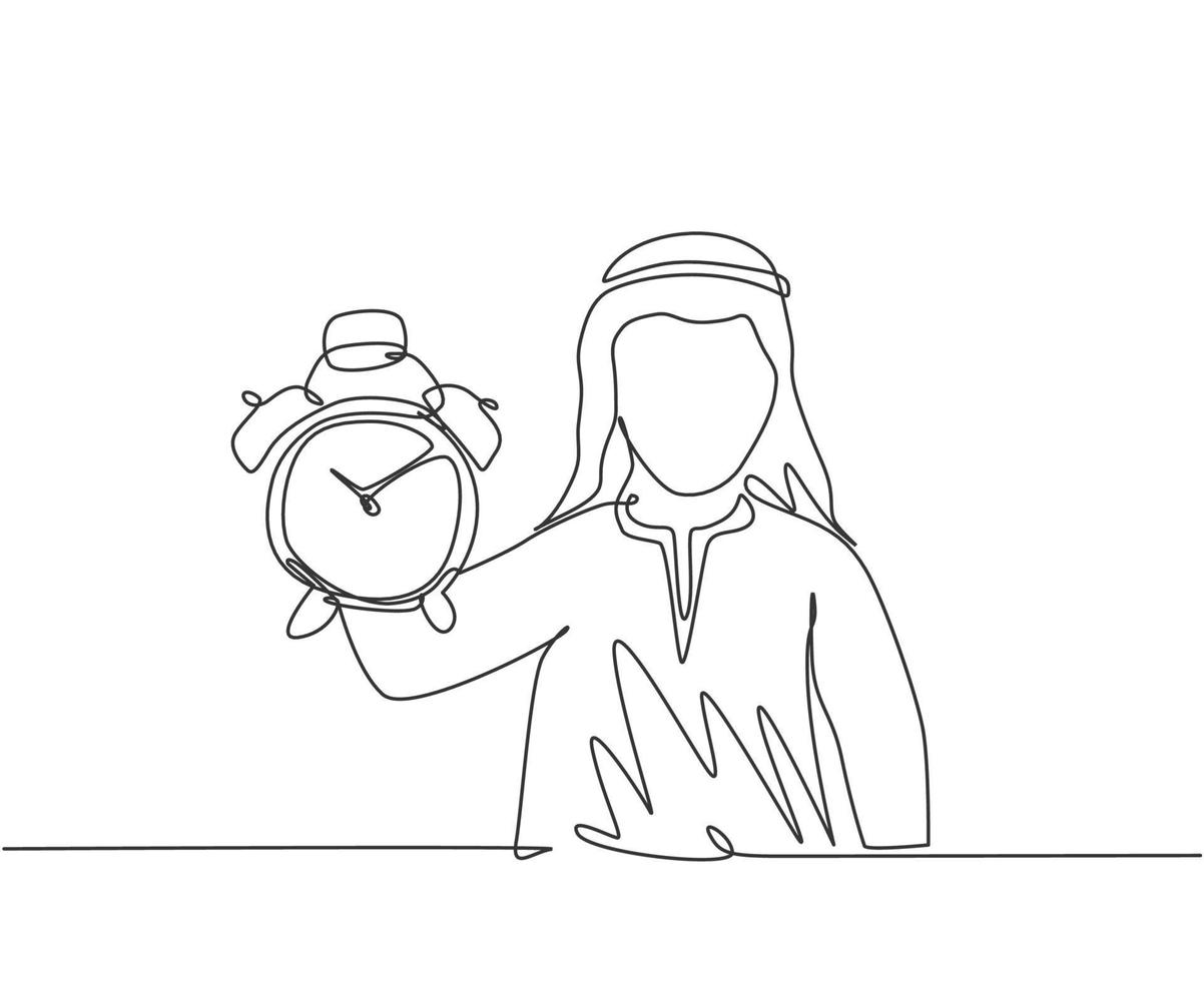 Single continuous line drawing young Arab business man holding analog alarm clock with his hand. Time management business minimalist concept. Dynamic one line draw graphic design vector illustration.