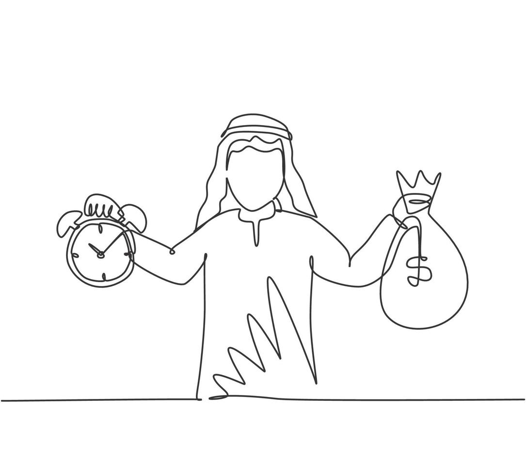 Continuous one line drawing young Arab male worker holding money bag and alarm clock with his hands. Minimalism metaphor business deadline concept. Single line draw design vector graphic illustration.