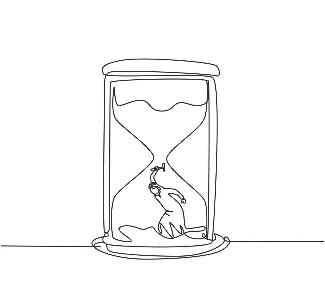 Continuous one line drawing young Arab male worker digging treasure inside hourglass. Getting a new business idea minimalist concept. Single line draw design vector graphic illustration.