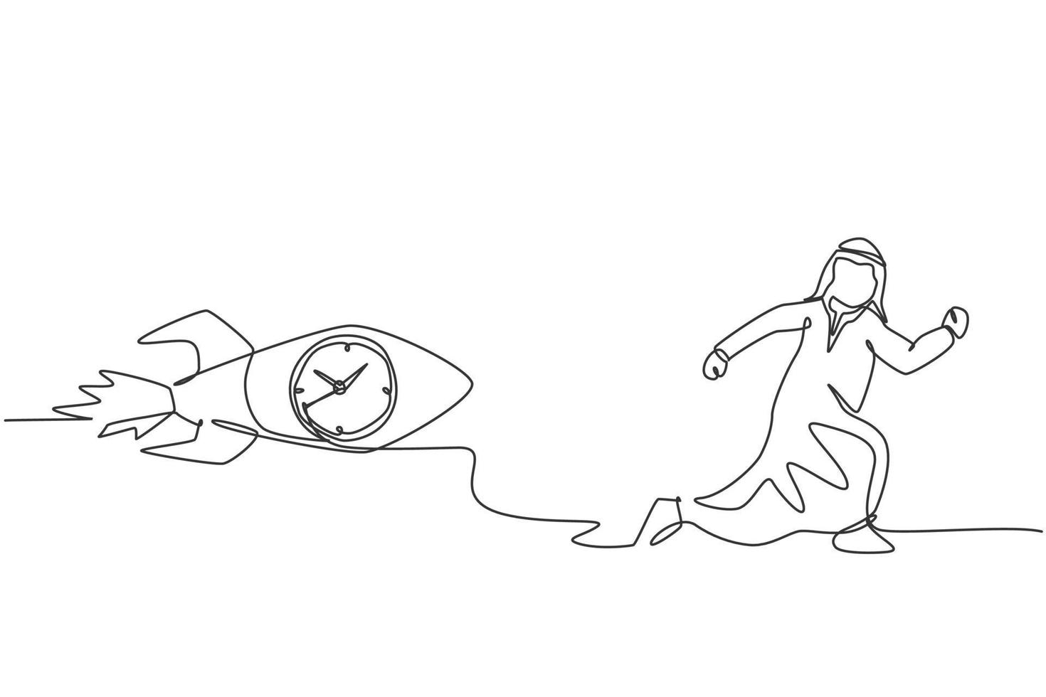 Continuous one line drawing young Arab male worker chased by flying rocket with clock inside. Rush hour management business minimalist concept. Single line draw design vector graphic illustration.