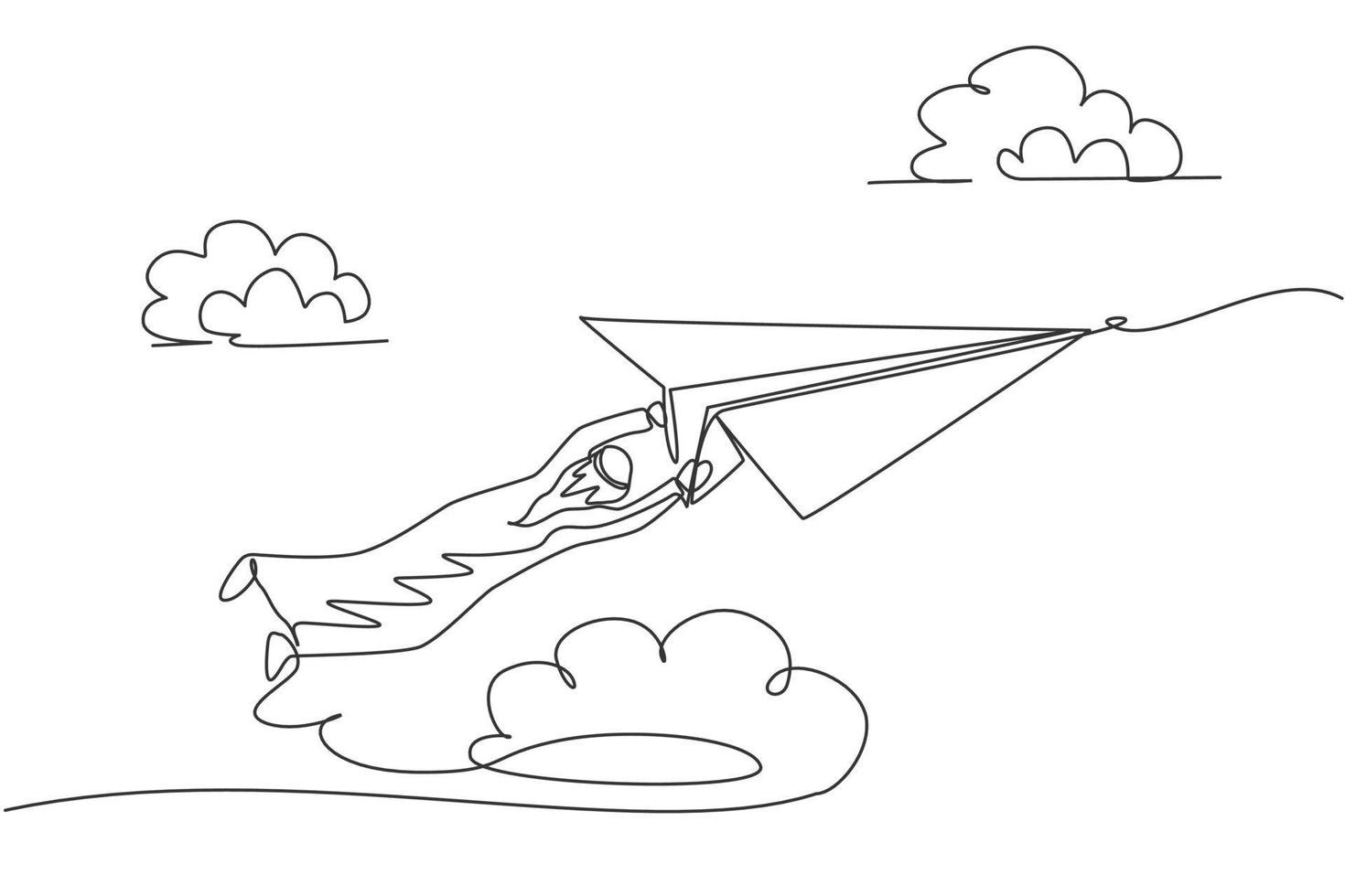 dibujo de una sola línea del joven hombre de negocios árabe colgando de un avión de papel. concepto de metáfora mínima de desafío empresarial. Ilustración de vector gráfico de diseño de dibujo de línea continua moderna