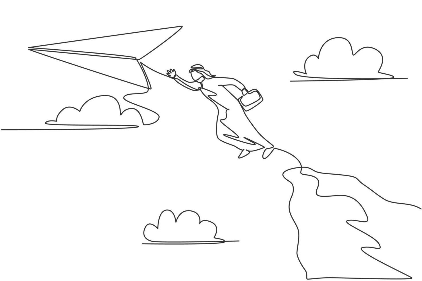 Single one line drawing young Arabian business man jumping high from top cliff to reach flying paper airplane. Minimal metaphor concept. Modern continuous line draw design graphic vector illustration