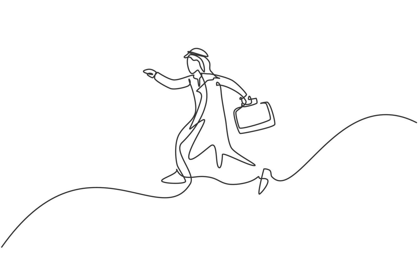 Single continuous line drawing of young Arab business man jumping high to the sky. Success professional manager. Minimalism metaphor concept. Dynamic one line draw graphic design vector illustration