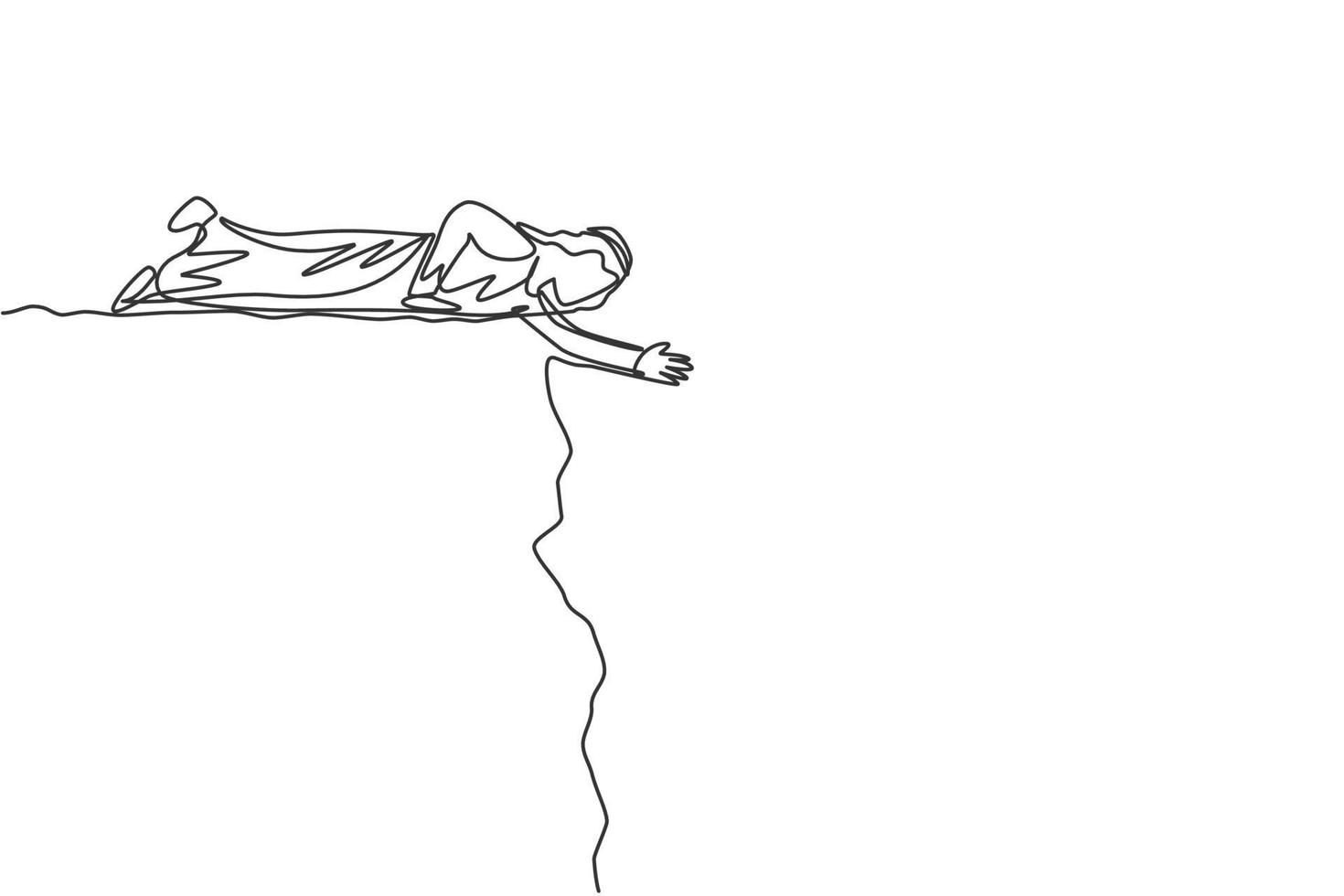 Continuous one line drawing of young Arab male worker lay down on cliff to help his colleague. Success business manager minimalist metaphor concept. Single line draw design vector graphic illustration