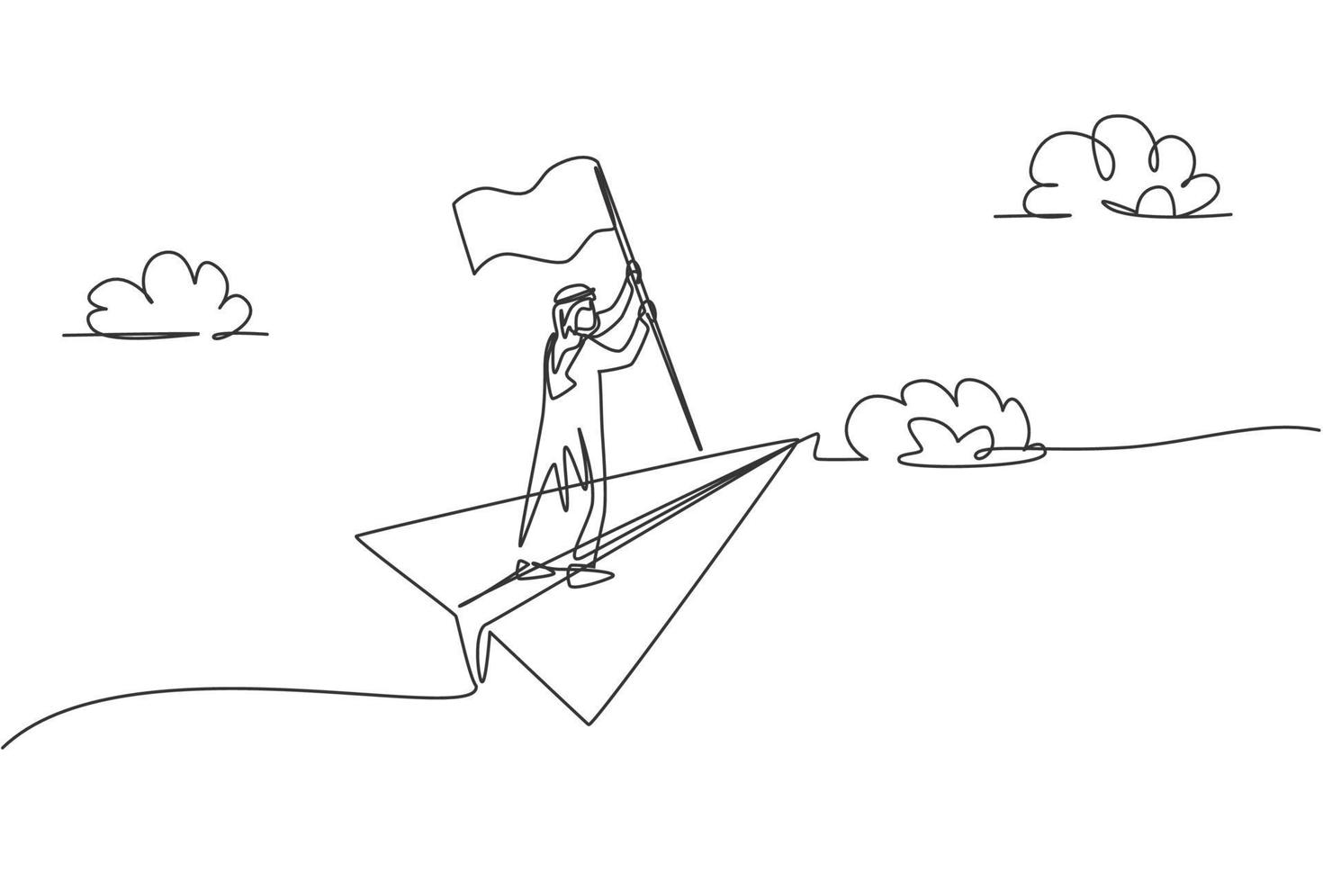 dibujo de línea continua única de un joven empresario árabe sosteniendo la bandera ganadora mientras volaba con un avión de papel. concepto de metáfora del minimalismo. Ilustración de vector de diseño gráfico de dibujo de una línea dinámica