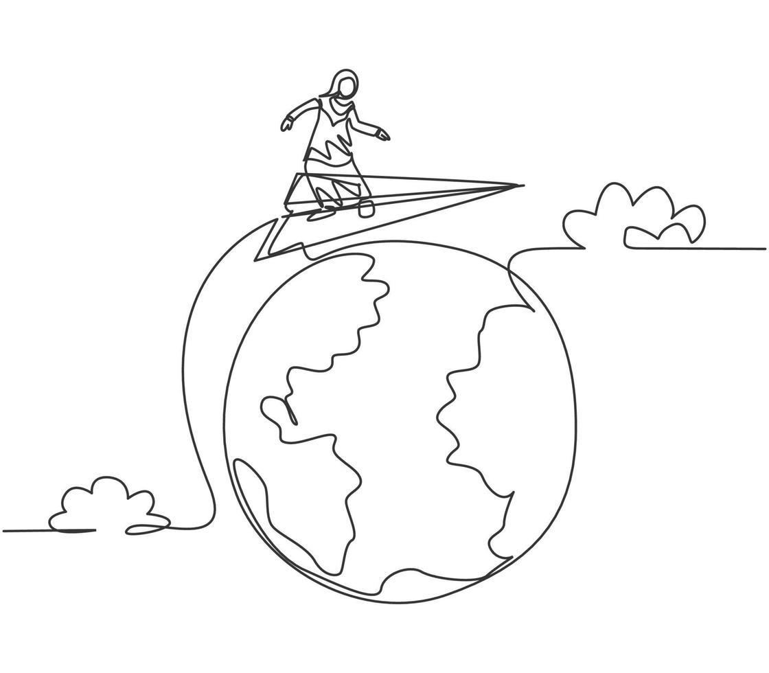 dibujo continuo de una línea joven trabajadora árabe volando alrededor del mundo. viaje de viaje de negocios de éxito. concepto de metáfora minimalista. Ilustración gráfica de vector de diseño de dibujo de una sola línea