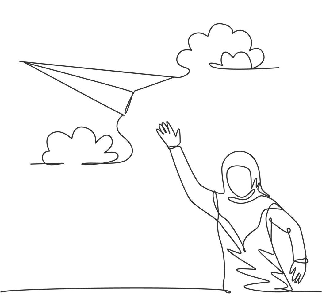 Single continuous line drawing young Arab business woman waving hand to flying paper plane. Professional manager. Minimalism metaphor concept. Dynamic one line draw graphic design vector illustration