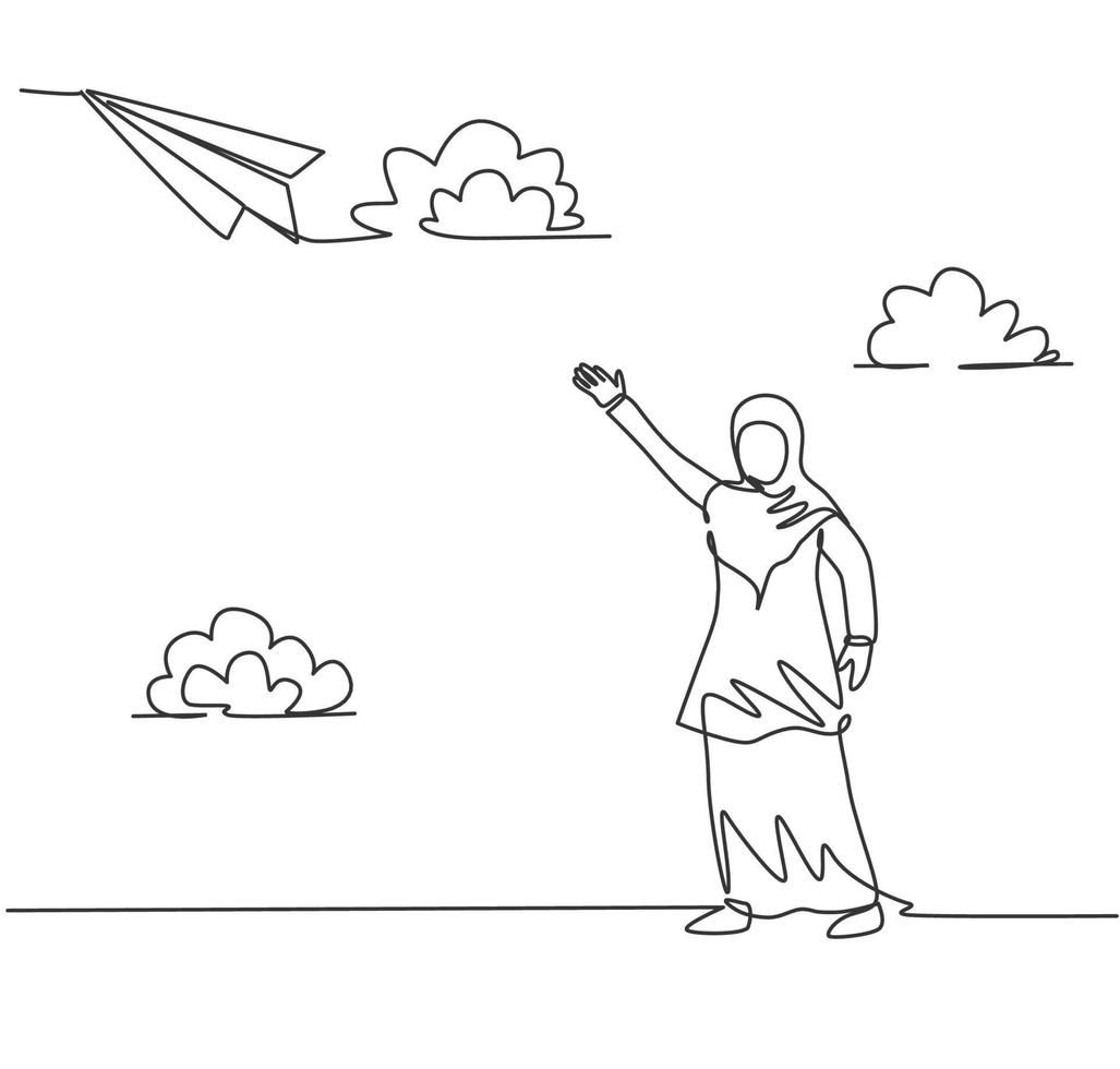 Dibujo de línea continua única joven mujer de negocios árabe agitando la mano para volar un avión de papel. concepto de metáfora del minimalismo. Ilustración de vector de diseño gráfico de dibujo de una línea dinámica