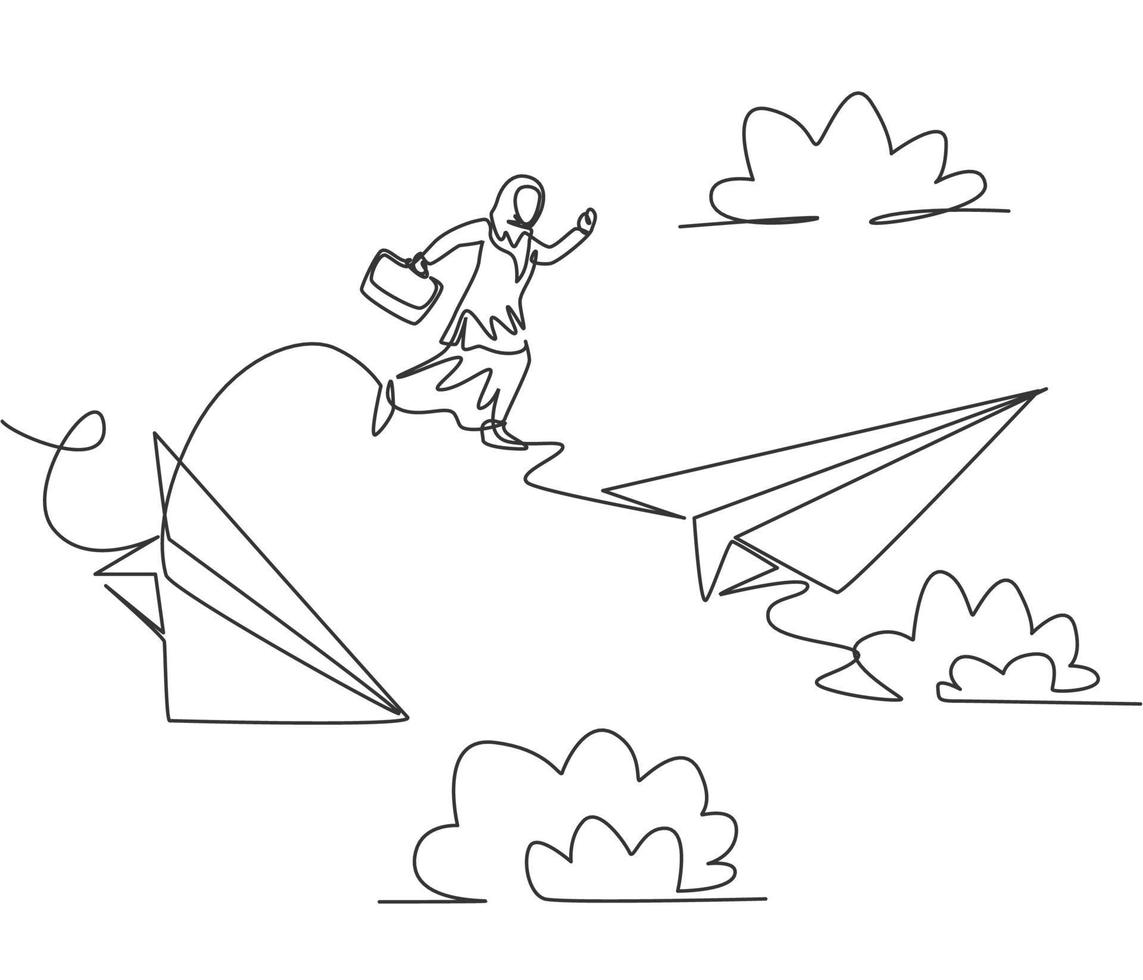 Single one line drawing of young Arab business woman jumping from crash flying paper plane. Business challenge. Minimal metaphor concept. Modern continuous line draw design graphic vector illustration
