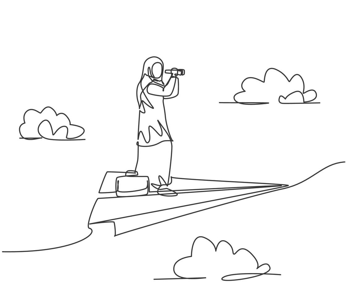 dibujo de una sola línea de una joven mujer de negocios árabe que busca oportunidades de negocio en un avión de papel volador. concepto de metáfora mínima. Ilustración de vector gráfico de diseño de dibujo de línea continua moderna