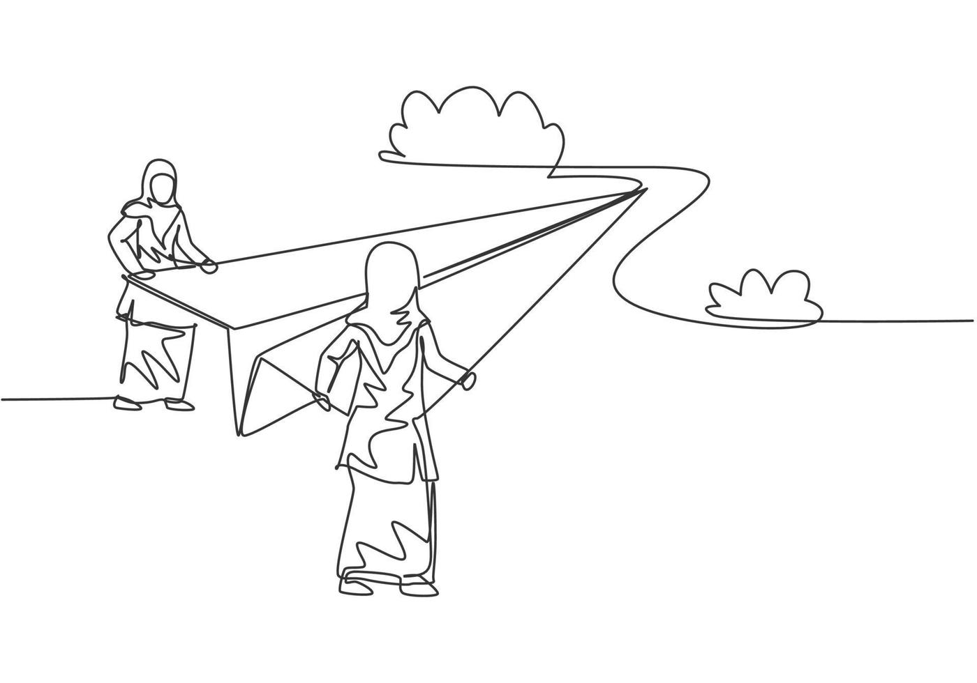 Continuous one line drawing young Arab female worker holding paper plane at top of the hill. Success business manager. Minimalist metaphor concept. Single line draw design vector graphic illustration