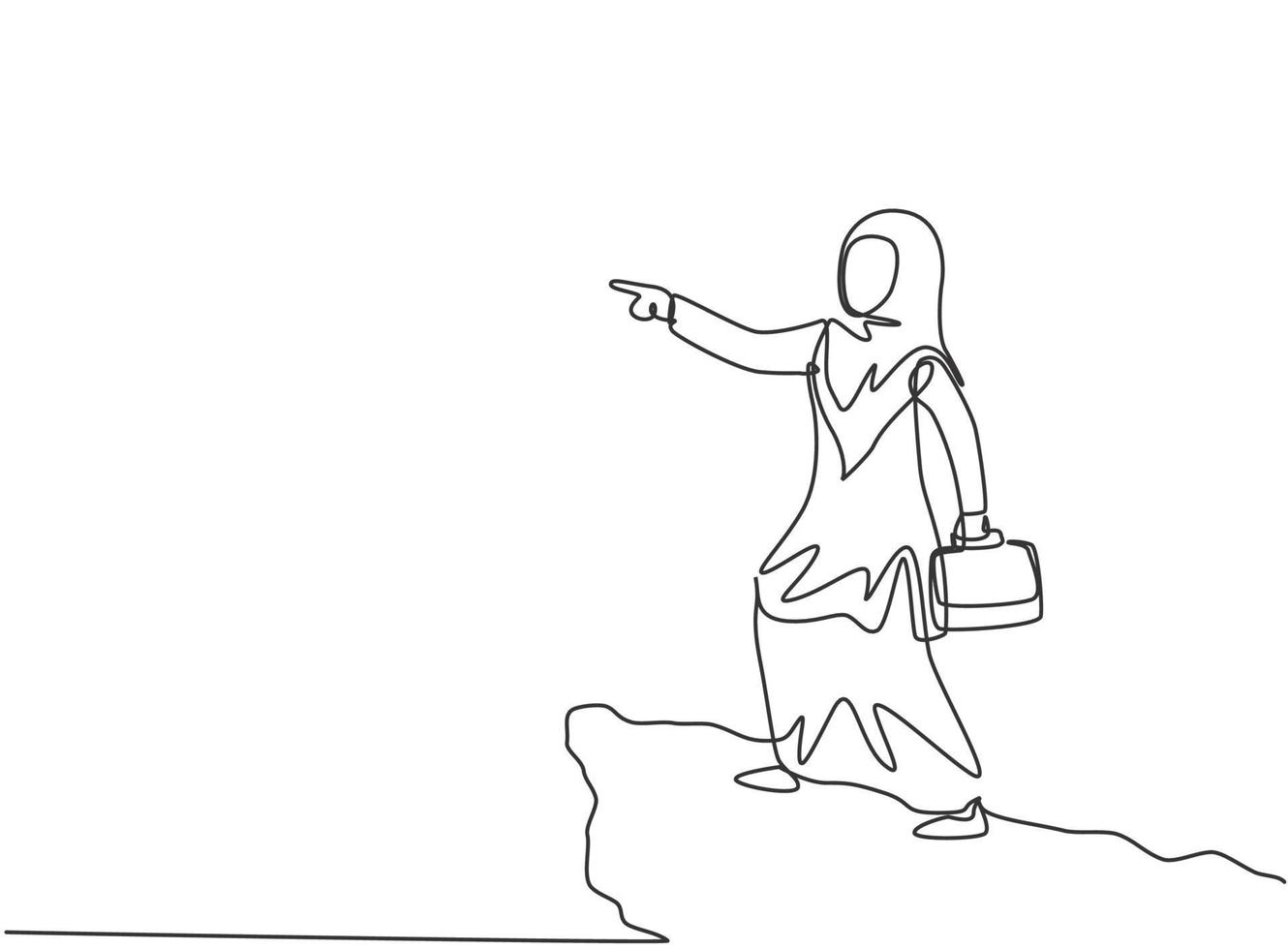 Continuous one line drawing young Arab female worker pointing finger from top of the cliff. Success business manager. Minimalist metaphor concept. Single line draw design vector graphic illustration