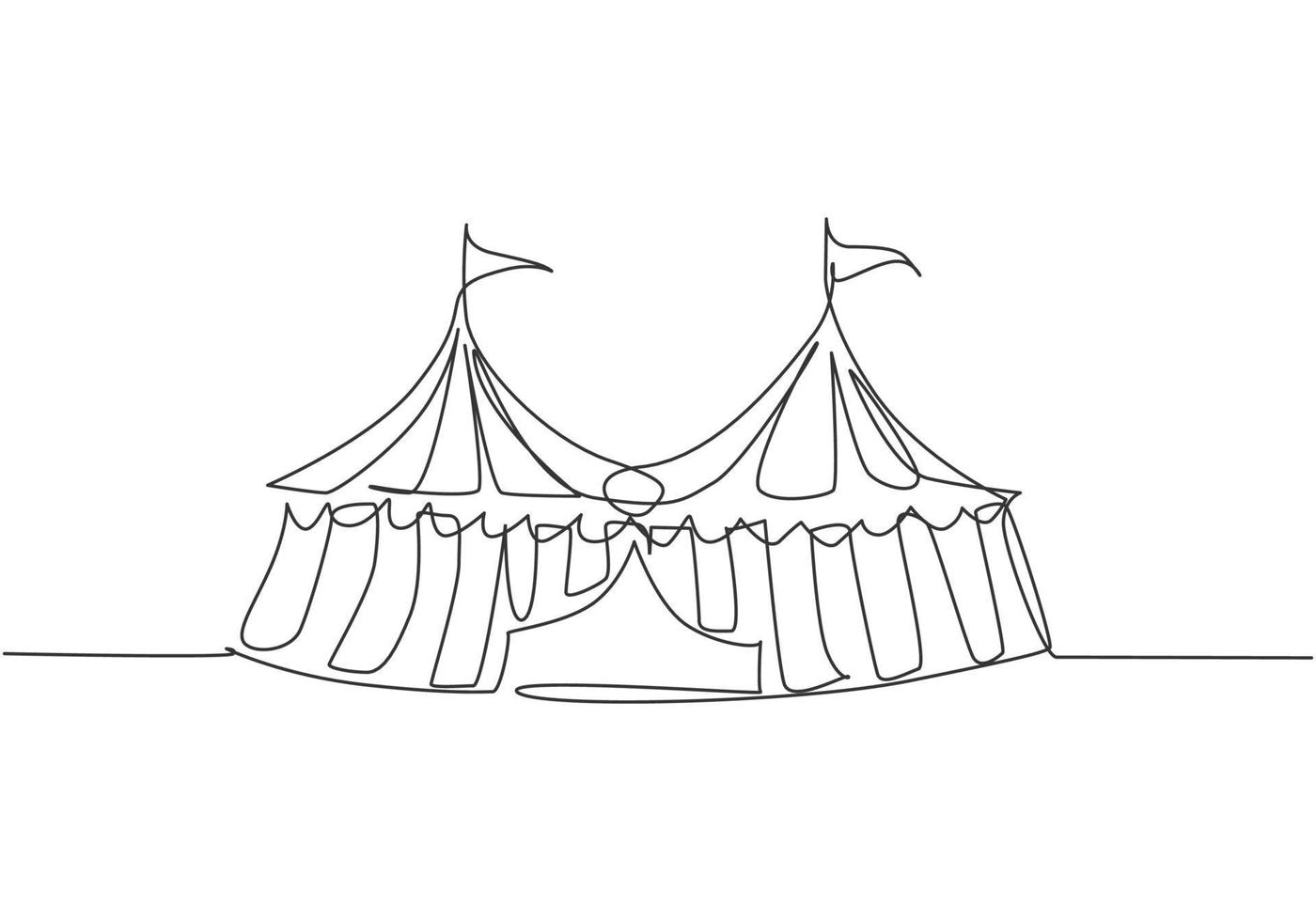 Single one line drawing of two circus tents together with stripes and flags at the top. Show place for clowns, magicians, animals. Modern continuous line draw design graphic vector illustration.