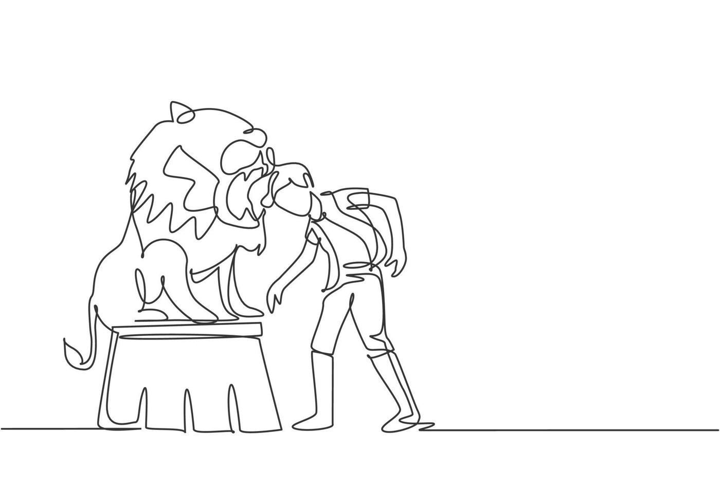 Single one line drawing of a lion stands on a circus chair while following the instructions of his trainer. A very thrilling circus show. Modern continuous line draw design graphic vector illustration