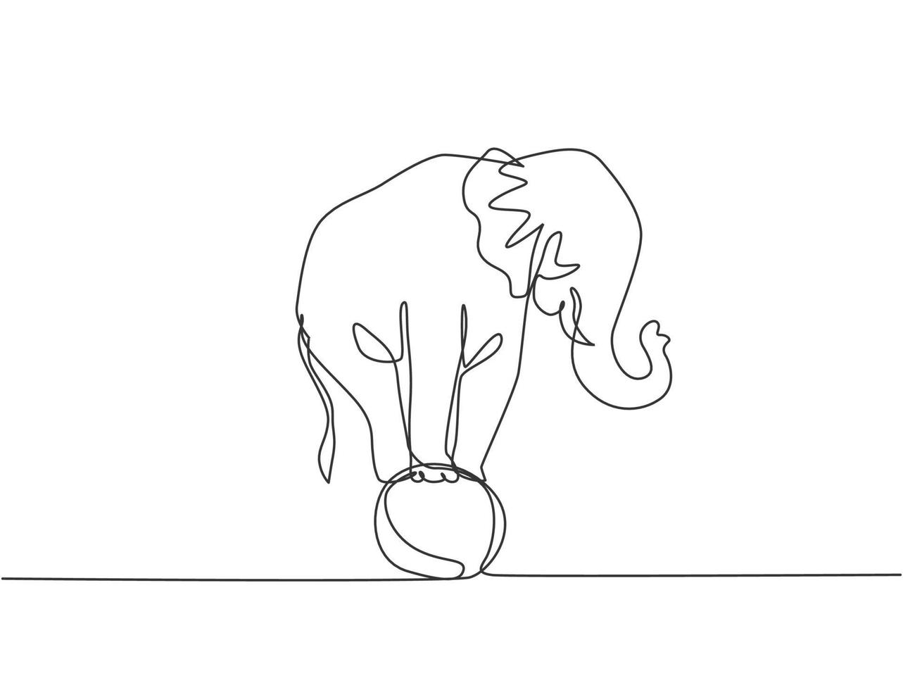 Single continuous line drawing a cute elephant stands on the ball with all fours awaiting further instructions from the trainer. Good circus show. One line draw graphic design vector illustration.