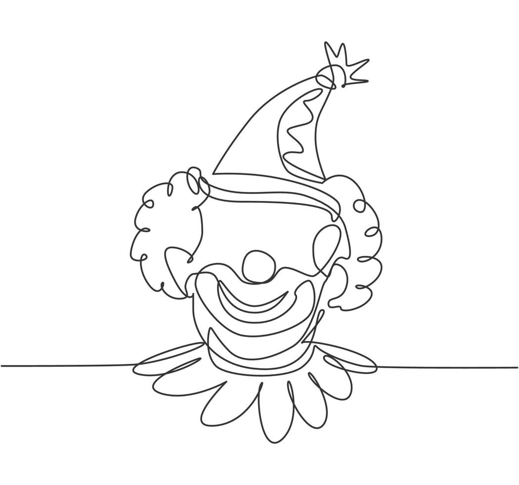 Single one line drawing of the face of a male clown wearing a circus hat with a cheerful smile that is very characteristic. Circus show. Modern continuous line draw design graphic vector illustration.