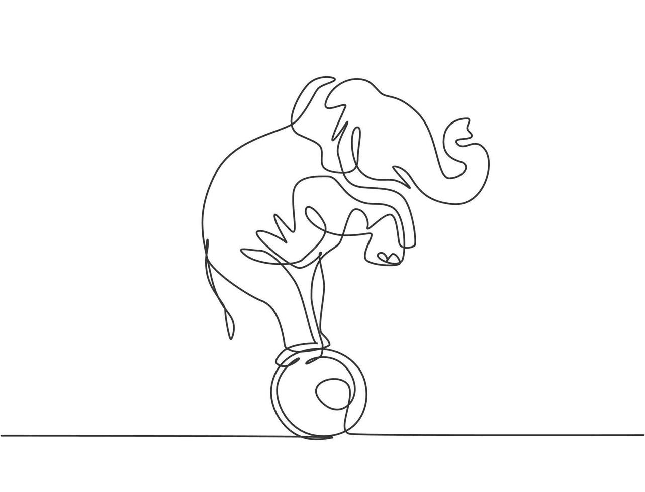 Continuous one line drawing a trained elephant stands on the ball with its forelegs raised. Very good performance and successful circus show. Single line draw design vector graphic illustration.