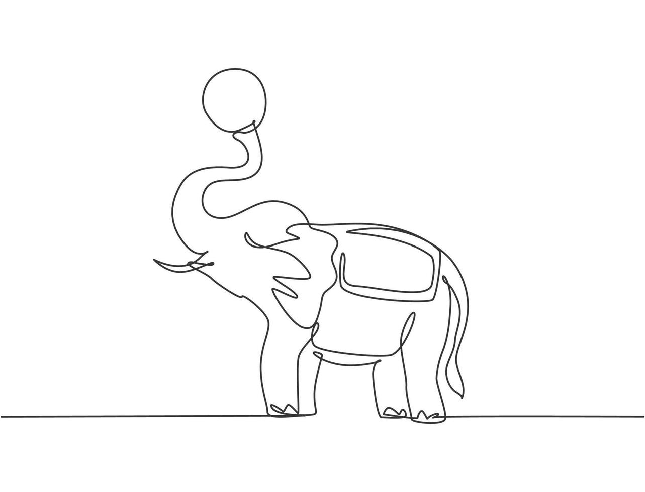 El dibujo de una sola línea de un elefante está de pie jugando una pelota al final de su trompa. el público del circo quedó asombrado con el espectáculo. Ilustración de vector gráfico de diseño de dibujo de línea continua moderna.