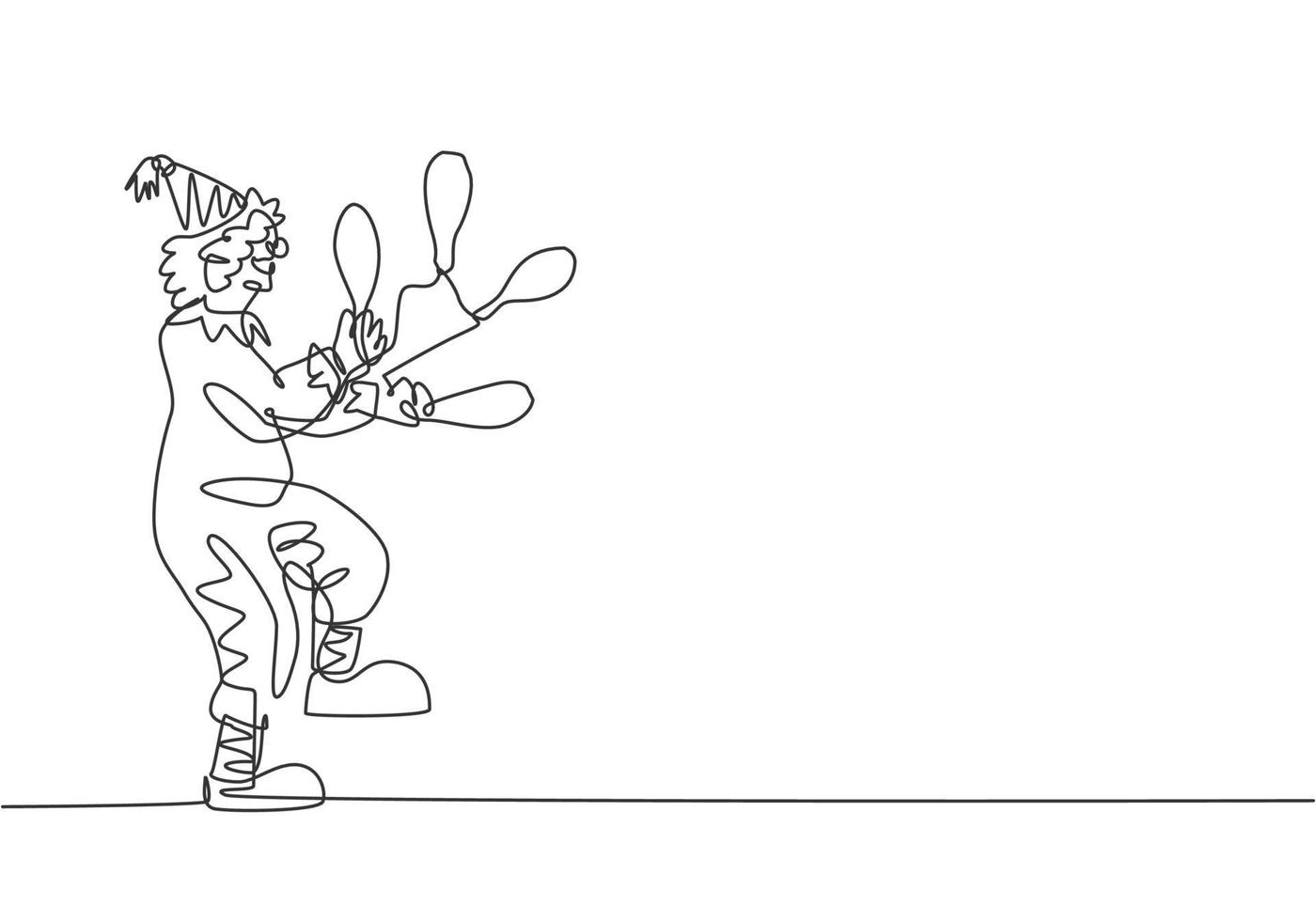 una sola línea continua dibujando un payaso macho haciendo malabares en una pierna. el payaso que jugaba fue muy divertido y entretuvo a la audiencia. evento de espectáculo de circo. Ilustración de vector de diseño gráfico de dibujo de una línea.