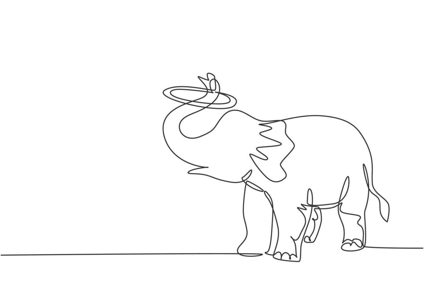 Single one line drawing of an elephant performs a circus show by turning a circle using its trunk. Cute animal which is very attractive. Modern continuous line draw design graphic vector illustration.