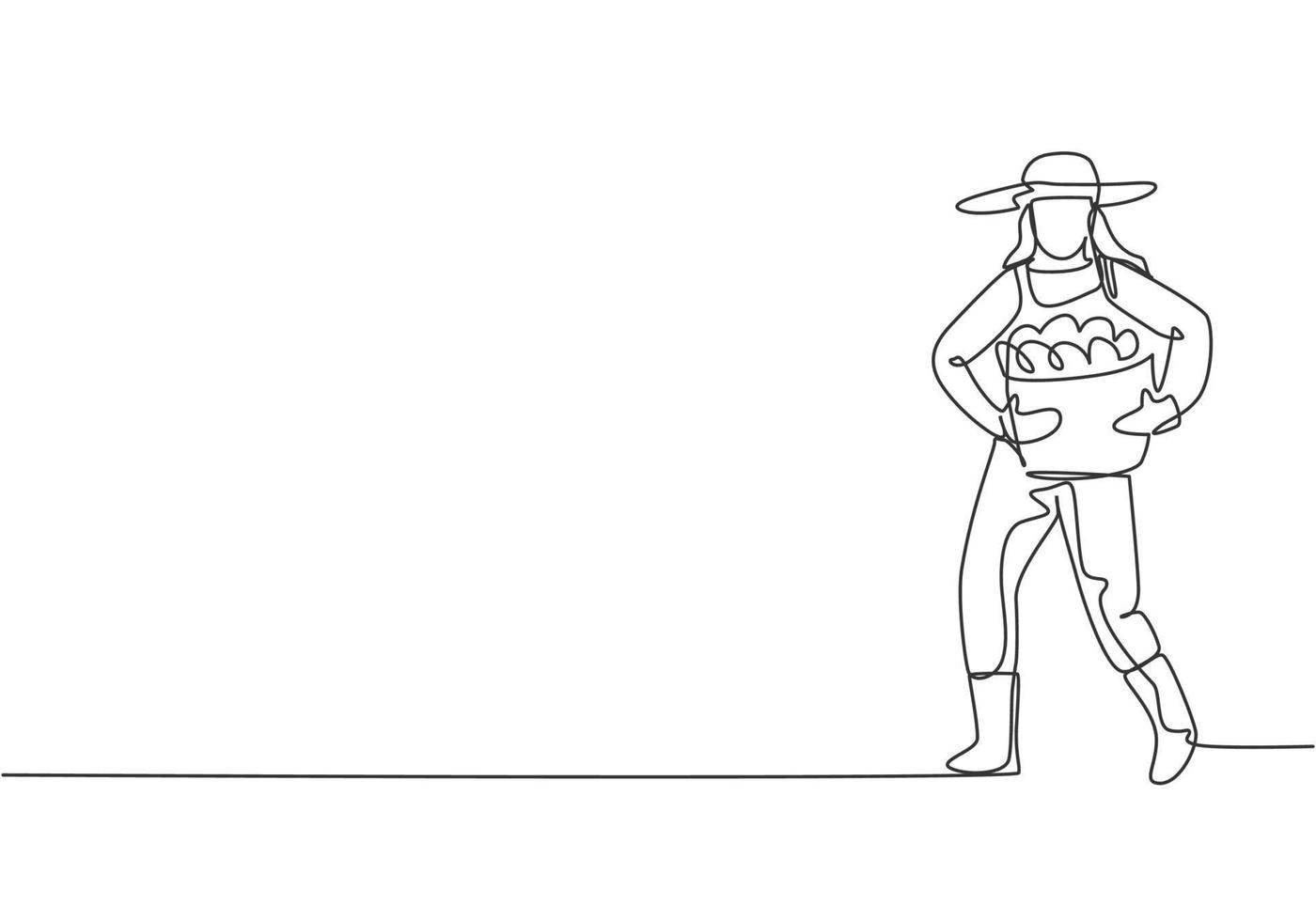 Single continuous line drawing young female farmer carrying a basket full of fruit with her hands in front of her chest. Minimalism concept. Dynamic one line draw graphic design vector illustration.