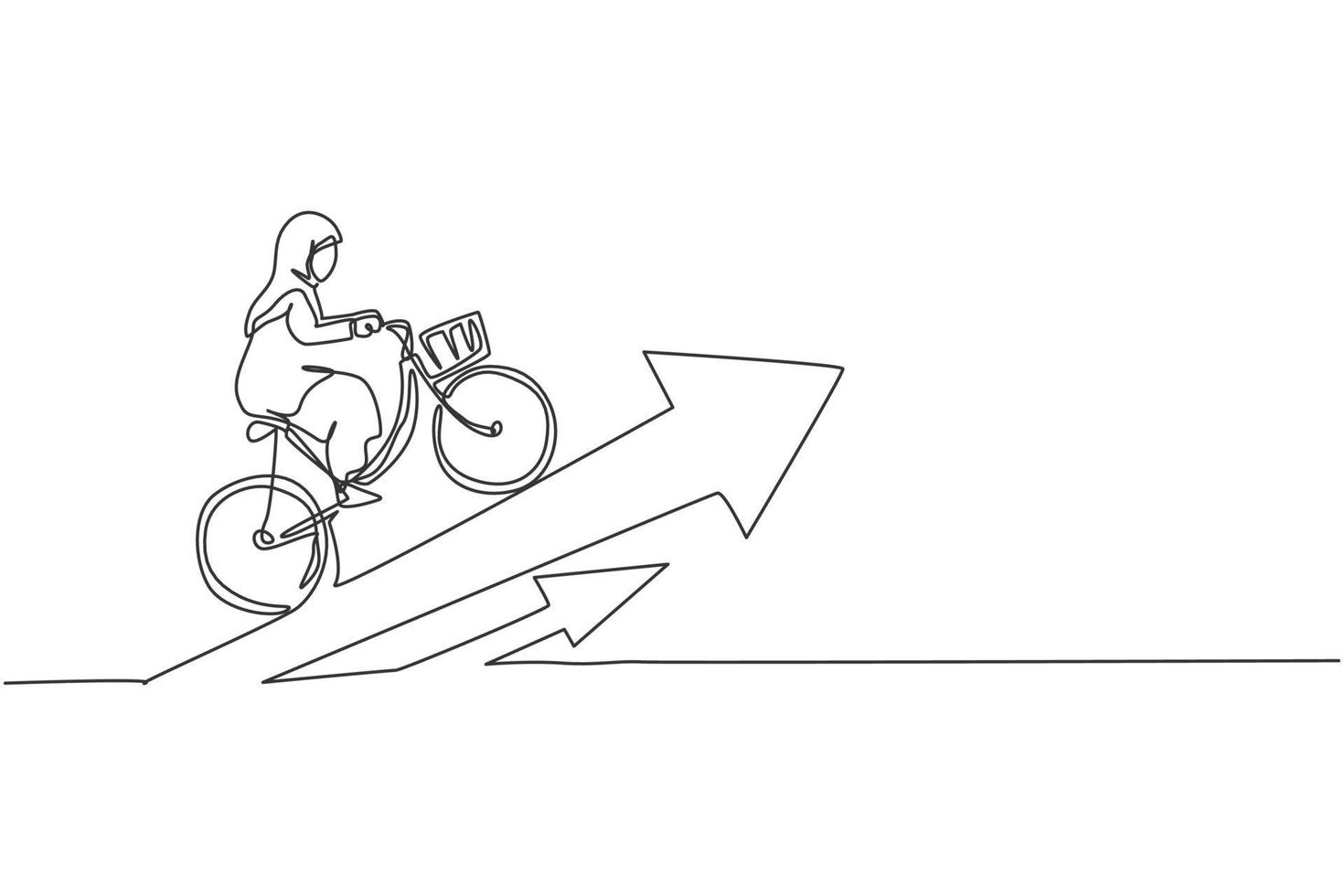 Single one line drawing of young smart Arab business woman ride bicycle to arrow up symbol. Business growth minimal concept. Modern continuous line draw design graphic vector illustration