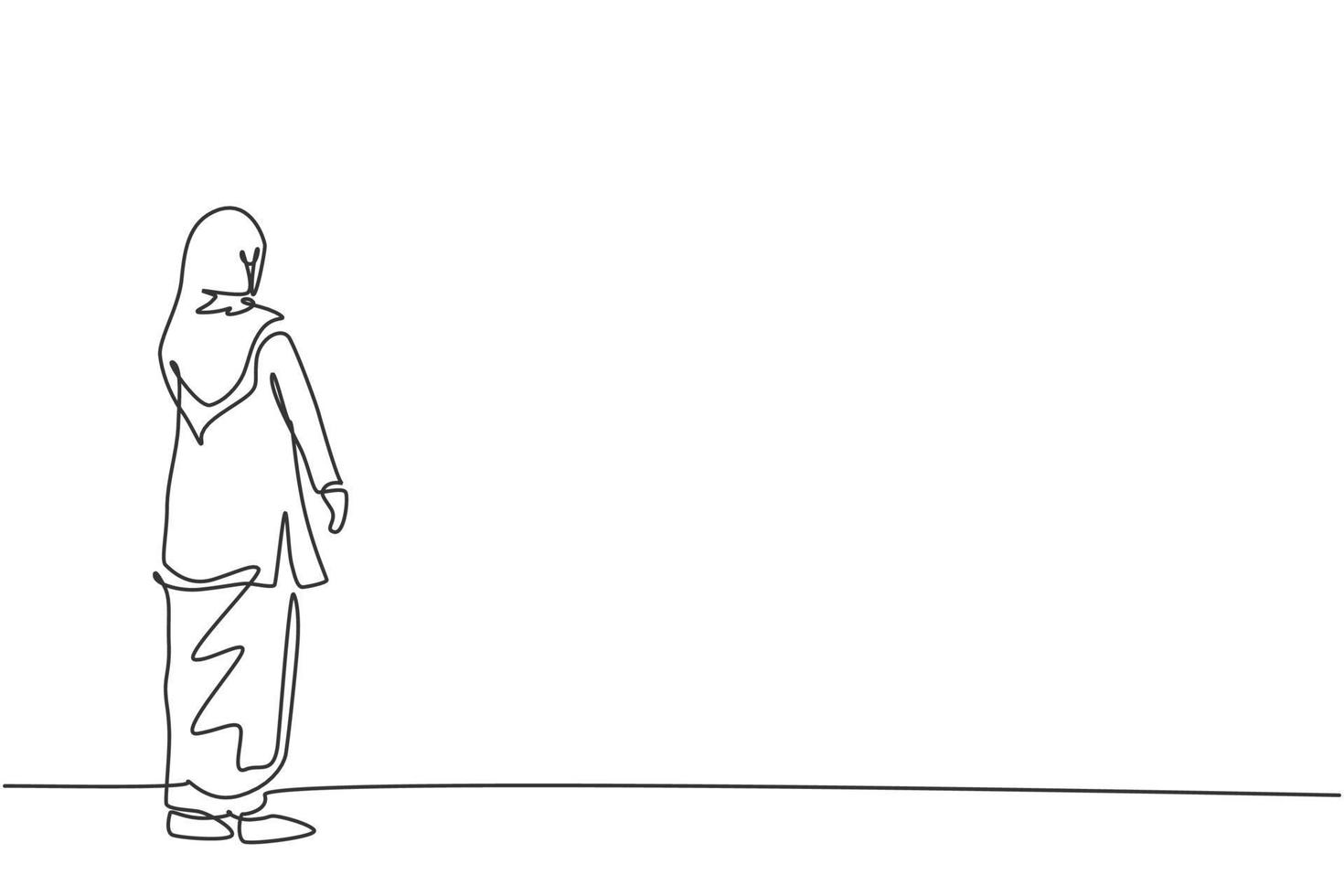 Continuous one line drawing of young female Arabic worker looking back, rear view. Success business manager minimalist concept. Trendy single line draw design vector graphic illustration