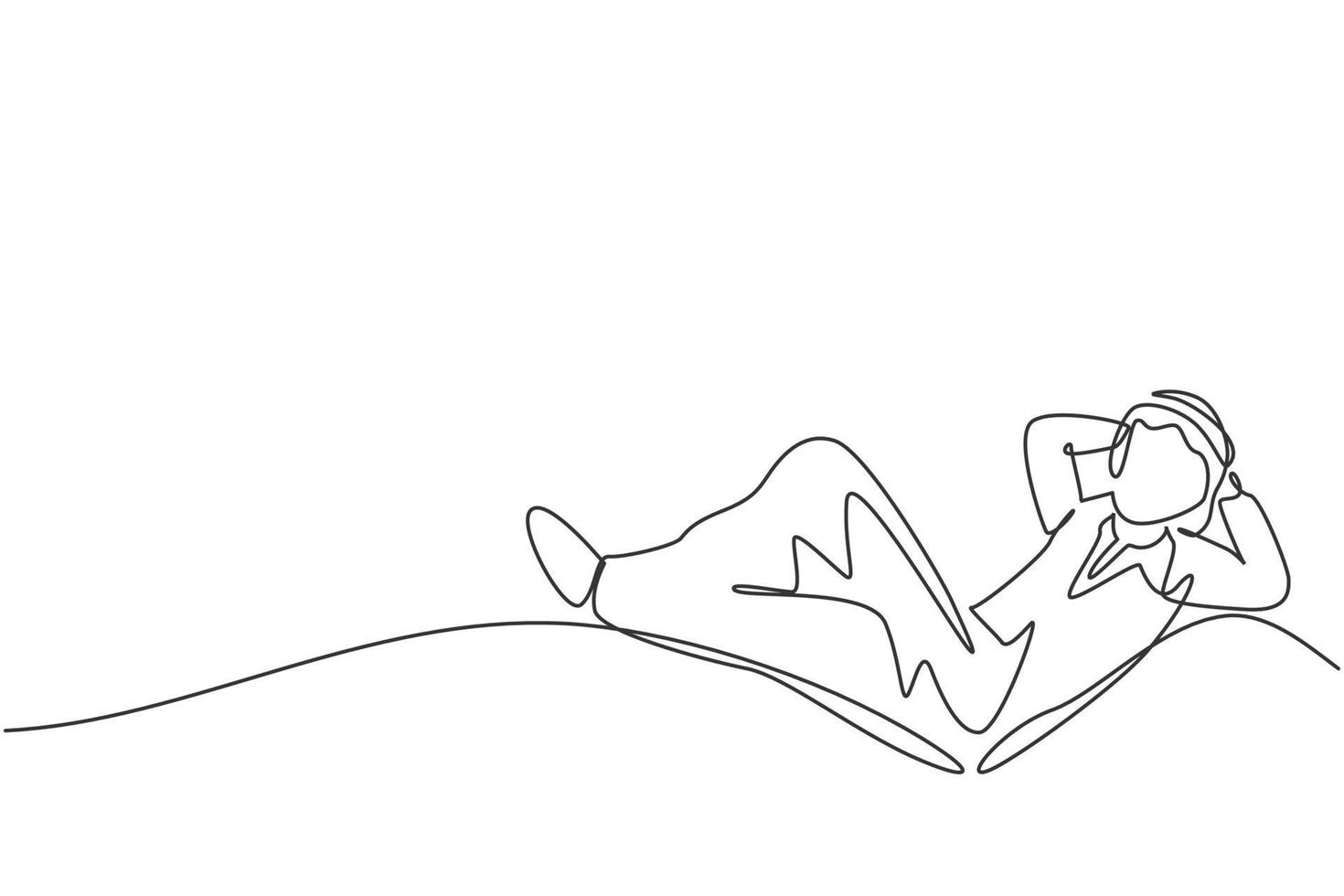 Single one line drawing young Arab male investor entrepreneur sleeping relax to dream his investments. Business growth minimal concept. Modern continuous line draw design graphic vector illustration