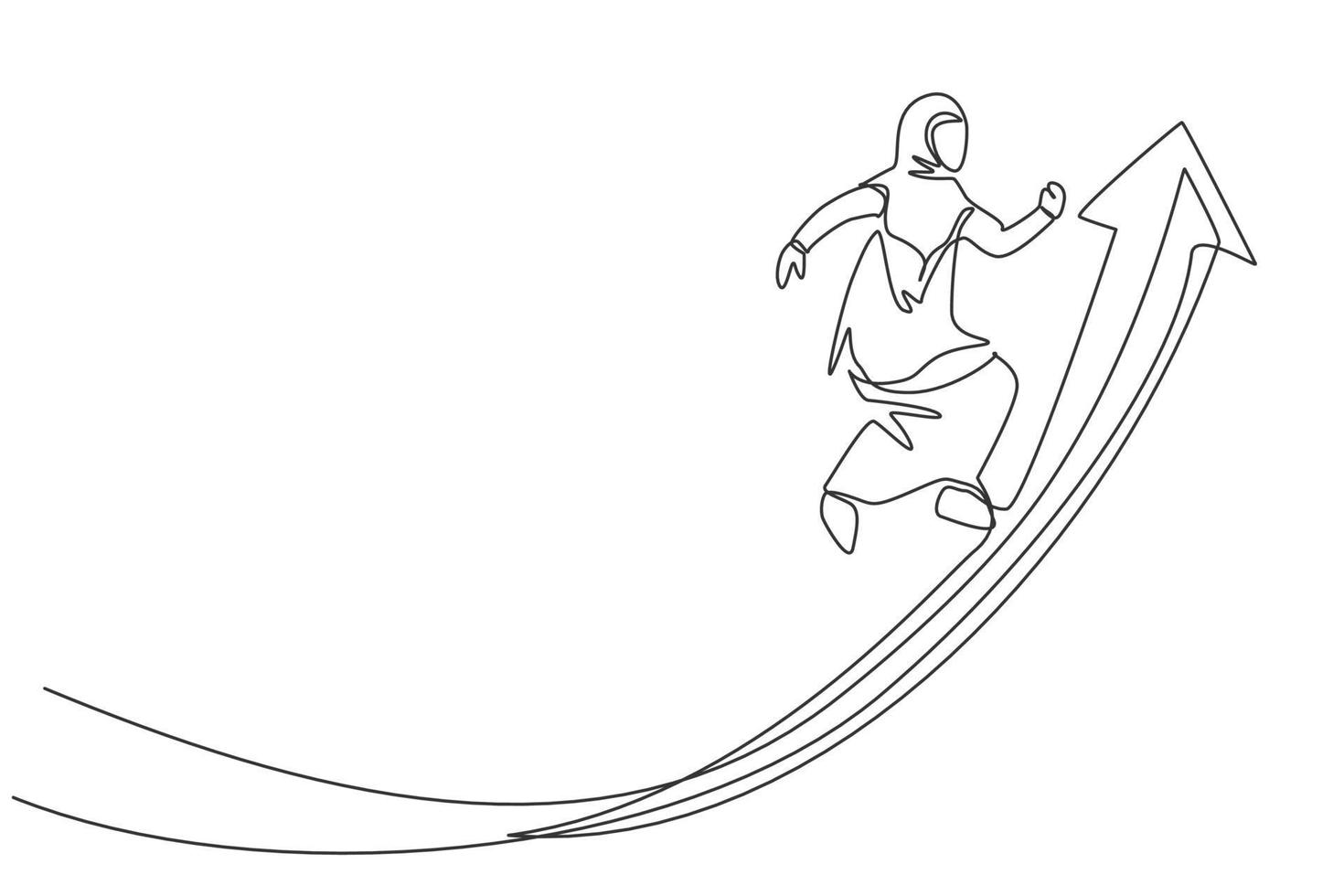 dibujo continuo de una línea de joven trabajadora árabe saltando alto en el símbolo de la flecha hacia arriba. concepto minimalista de gerente de negocios de éxito. Ilustración gráfica de vector de diseño de dibujo de línea única de moda