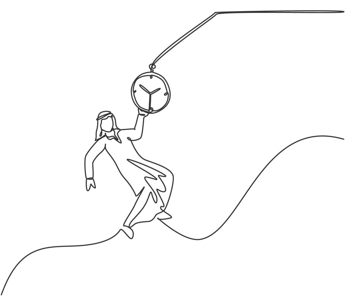 Single continuous line drawing young Arab business man swinging on pocket watch chain to reach goals. Time management business minimalist concept. One line draw graphic design vector illustration.